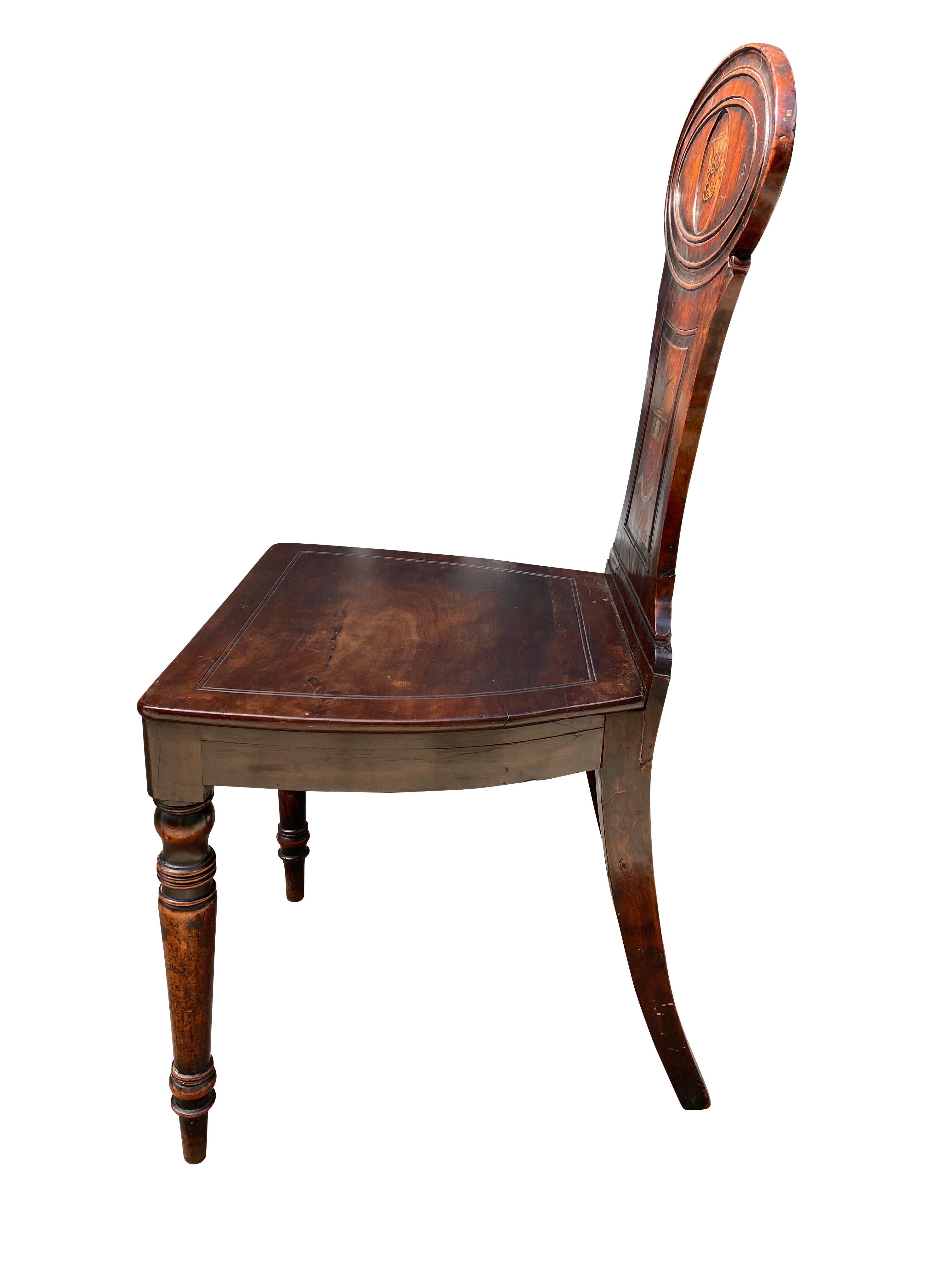 English Regency Mahogany Hall Chair with Armorial Crest For Sale
