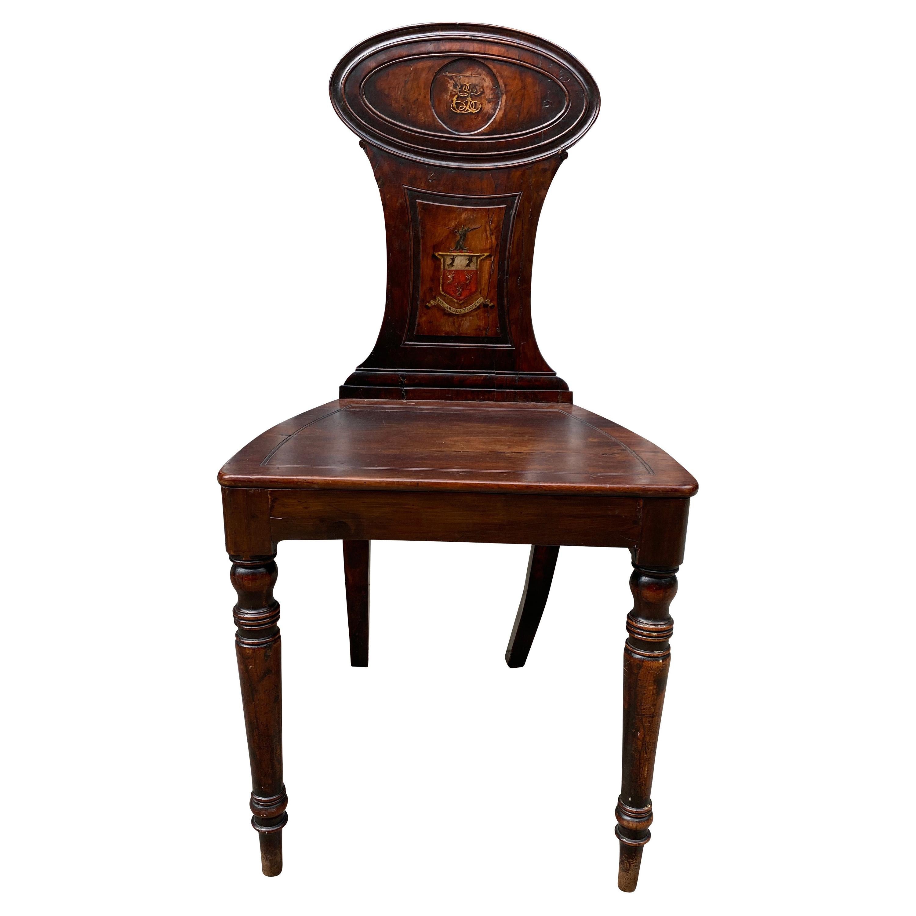 Regency Mahogany Hall Chair with Armorial Crest For Sale