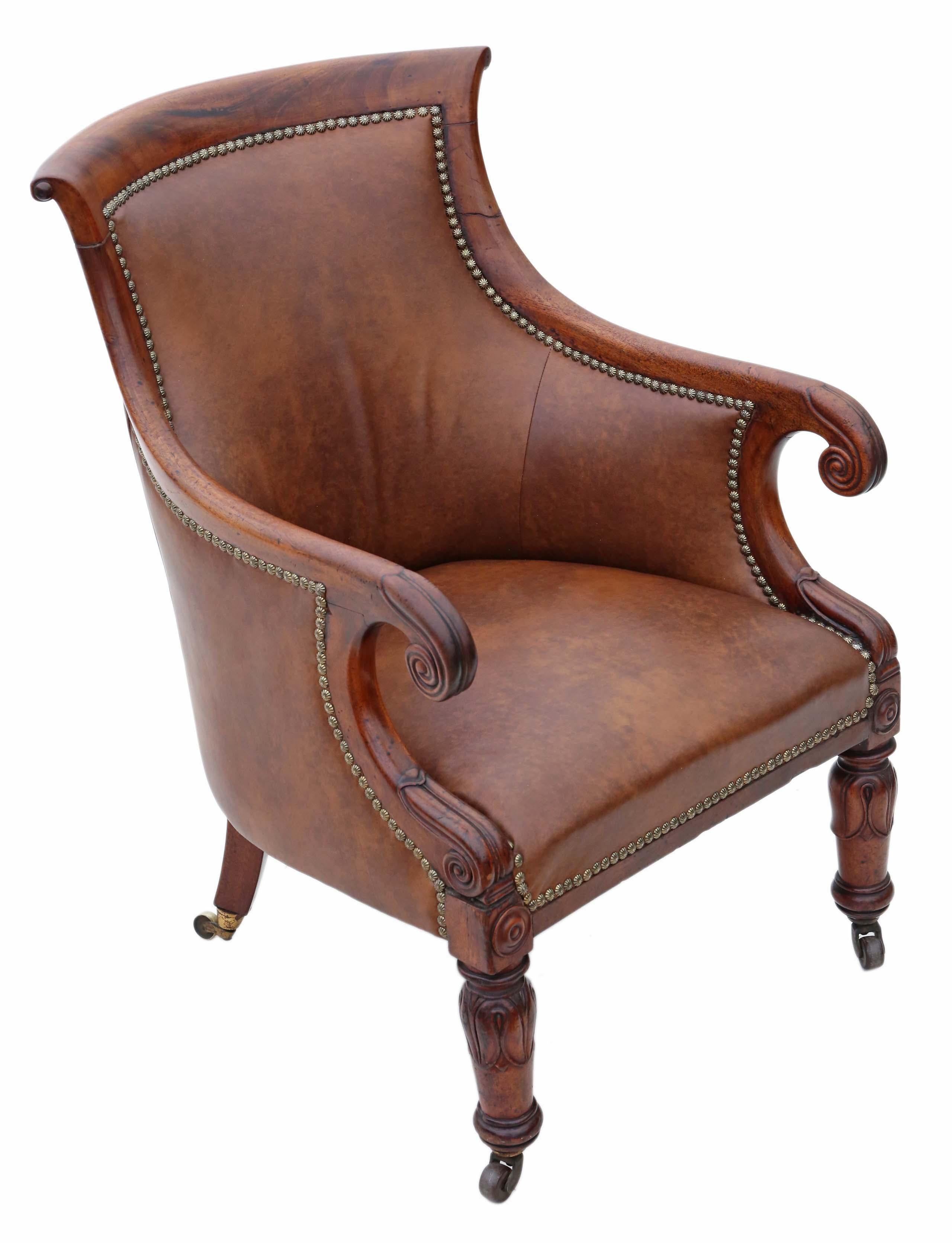 Antique quality Regency circa 1825-1835 mahogany and leather library chair or armchair.
Solid with no loose joints and no woodworm. Full of age, character and charm. An elegant attractive chair with good age and patina. Recent brown leather