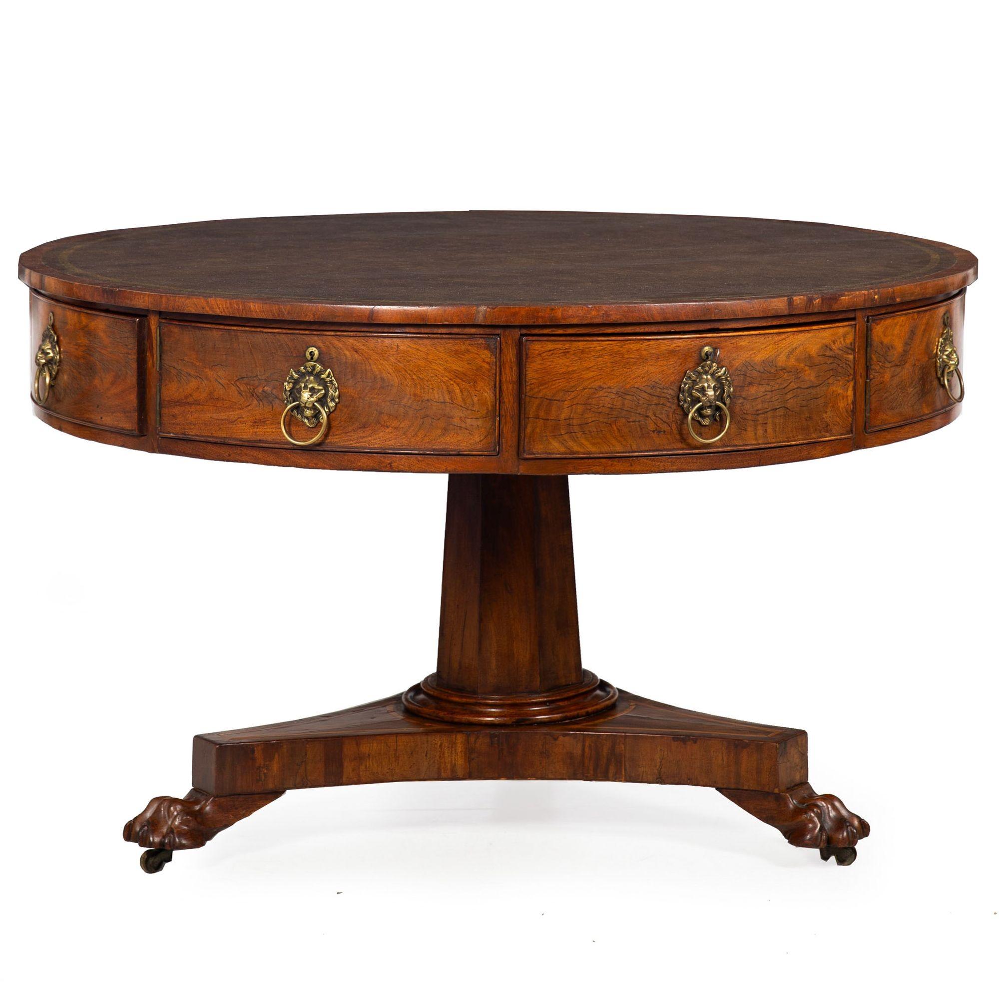 English Regency Mahogany Leather Round Rent Drum Center Table