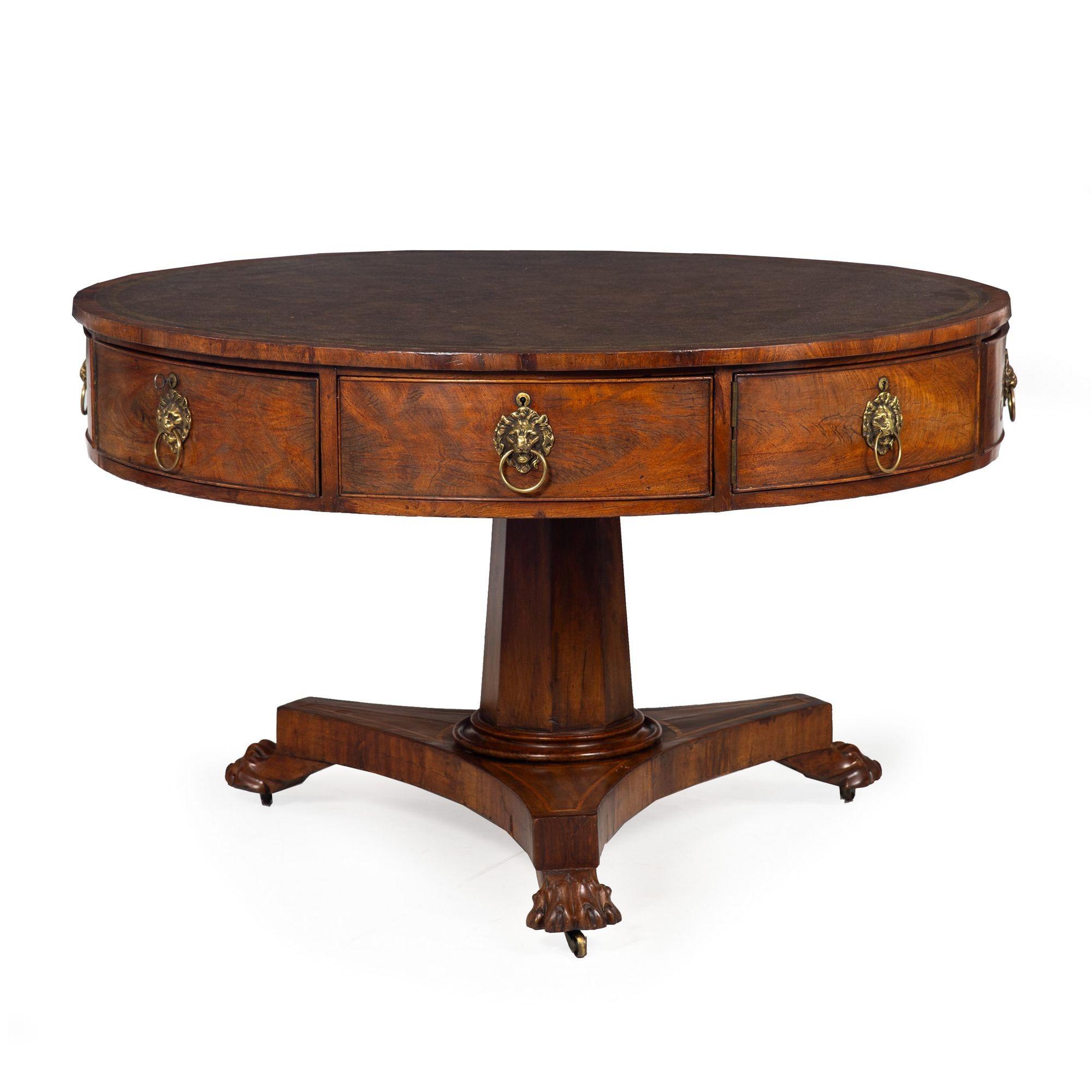 Regency Mahogany Leather Round Rent Drum Center Table In Fair Condition In Shippensburg, PA