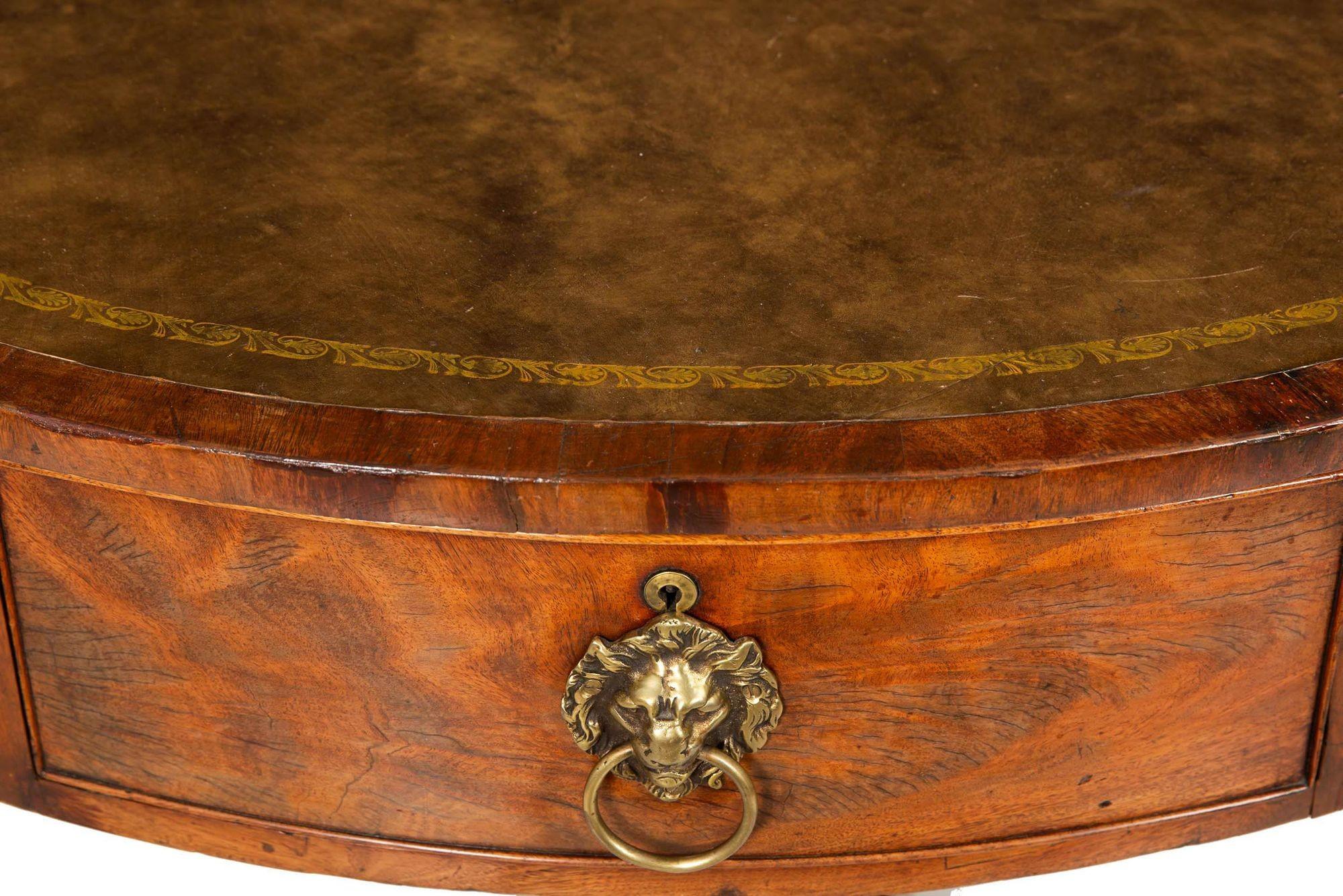 Brass Regency Mahogany Leather Round Rent Drum Center Table