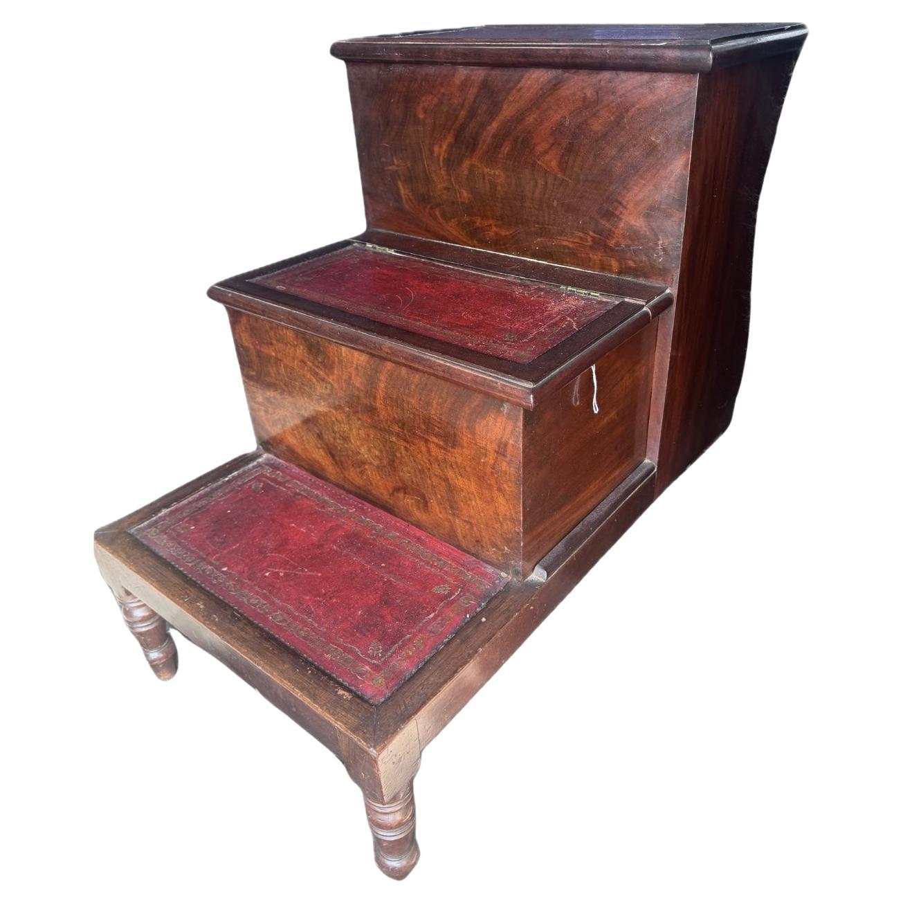 19th Century English Regency Mahogany Library or Bed Steps. Steps are inset with richly patinated leather panels bordered in delicate gold tooling. The upper two steps open on brass hinges to reveal hidden storage, a clever dual -purpose element