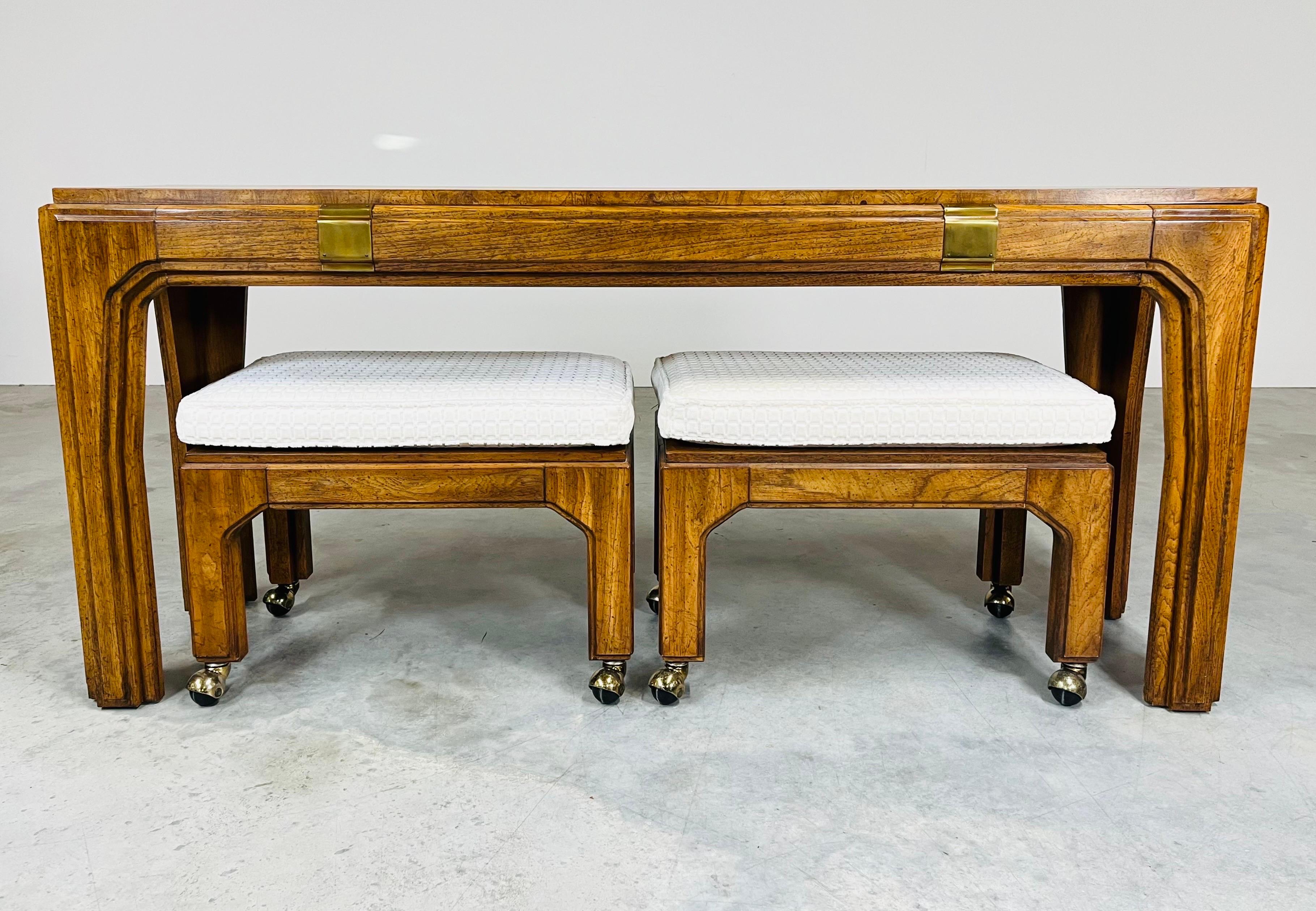 Hollywood Regency Regency Mahogany & Olive Wood Console Table With Matching Stow Away Benches 