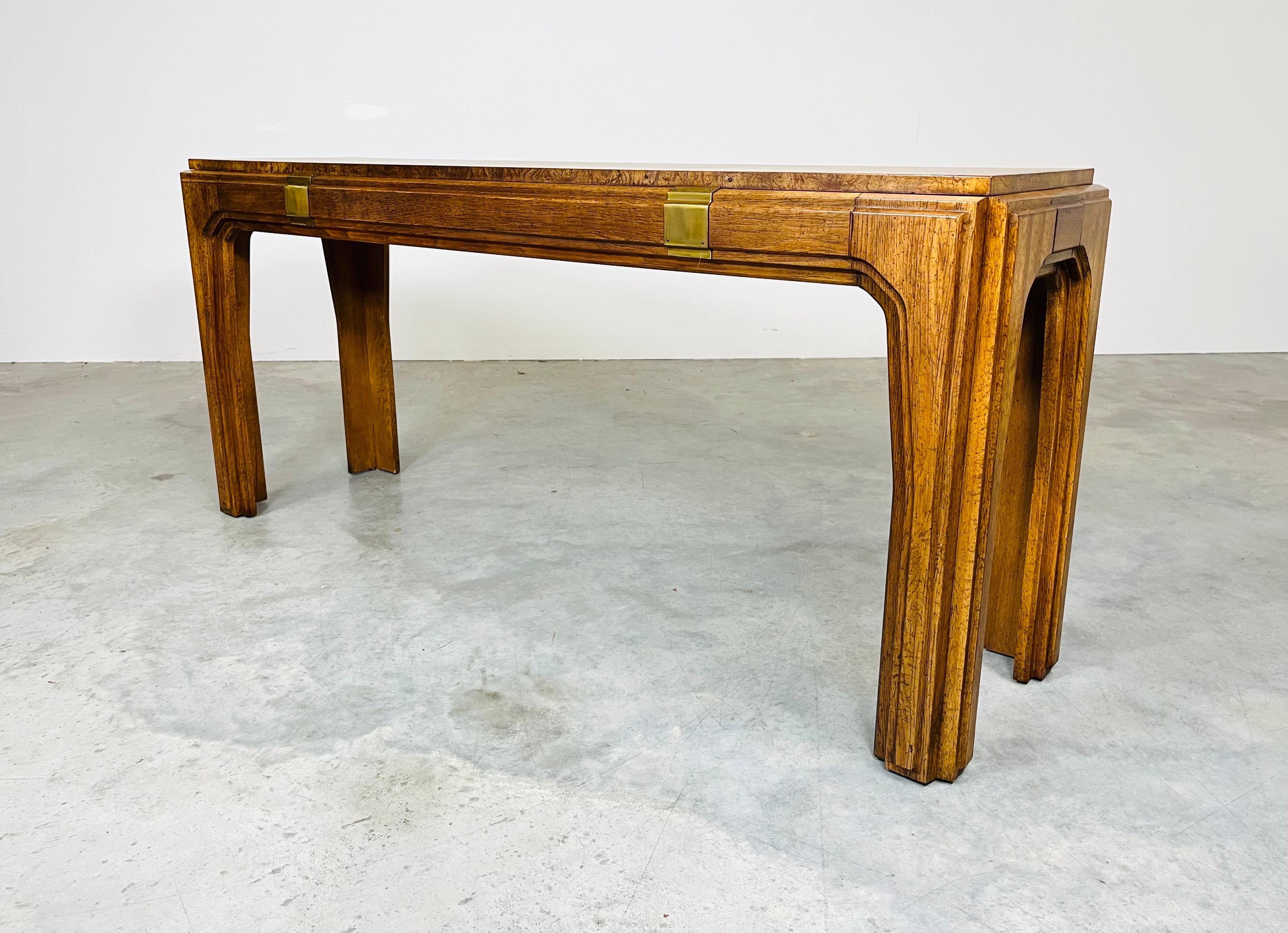 Regency Mahogany & Olive Wood Console Table With Matching Stow Away Benches  In Excellent Condition In Southampton, NJ