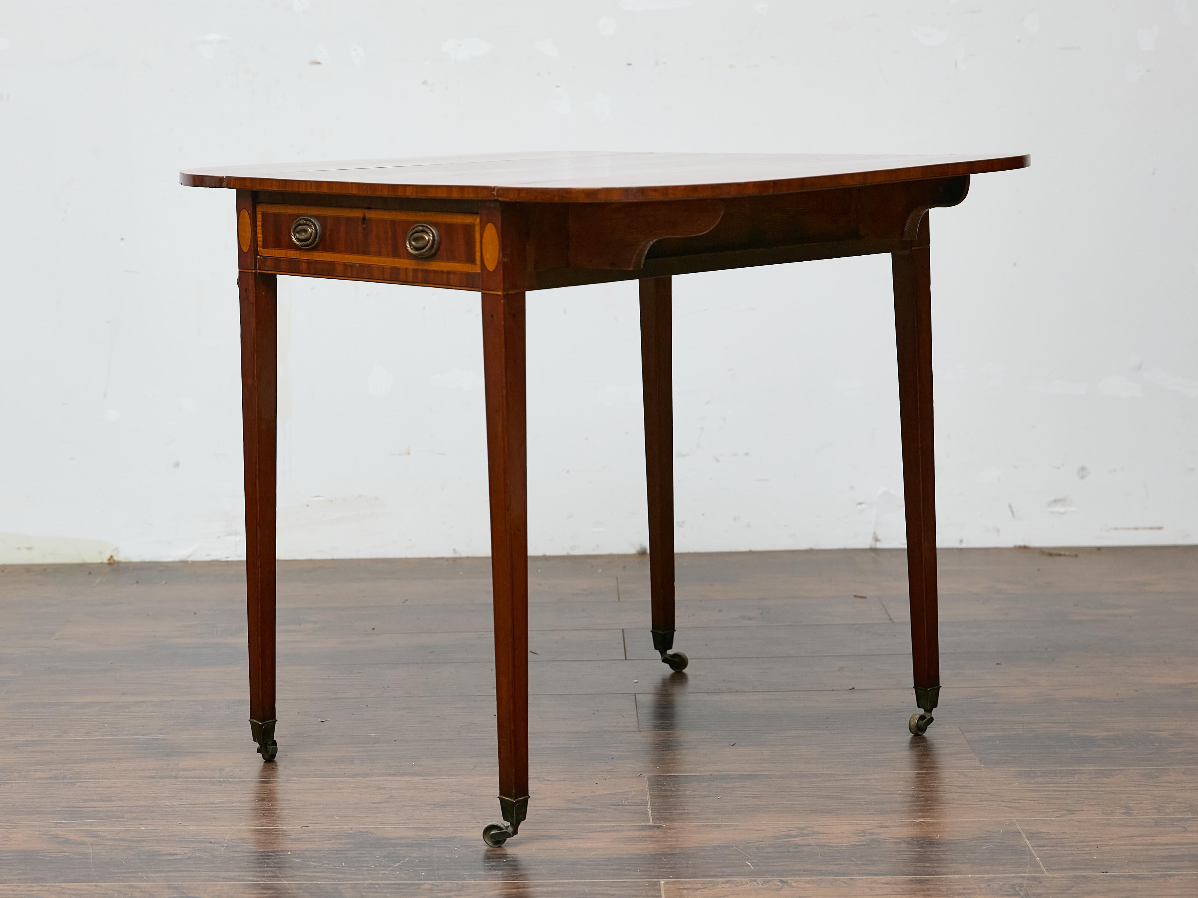 19th Century Regency Mahogany Pembroke Table with Satinwood Inlay and Casters For Sale