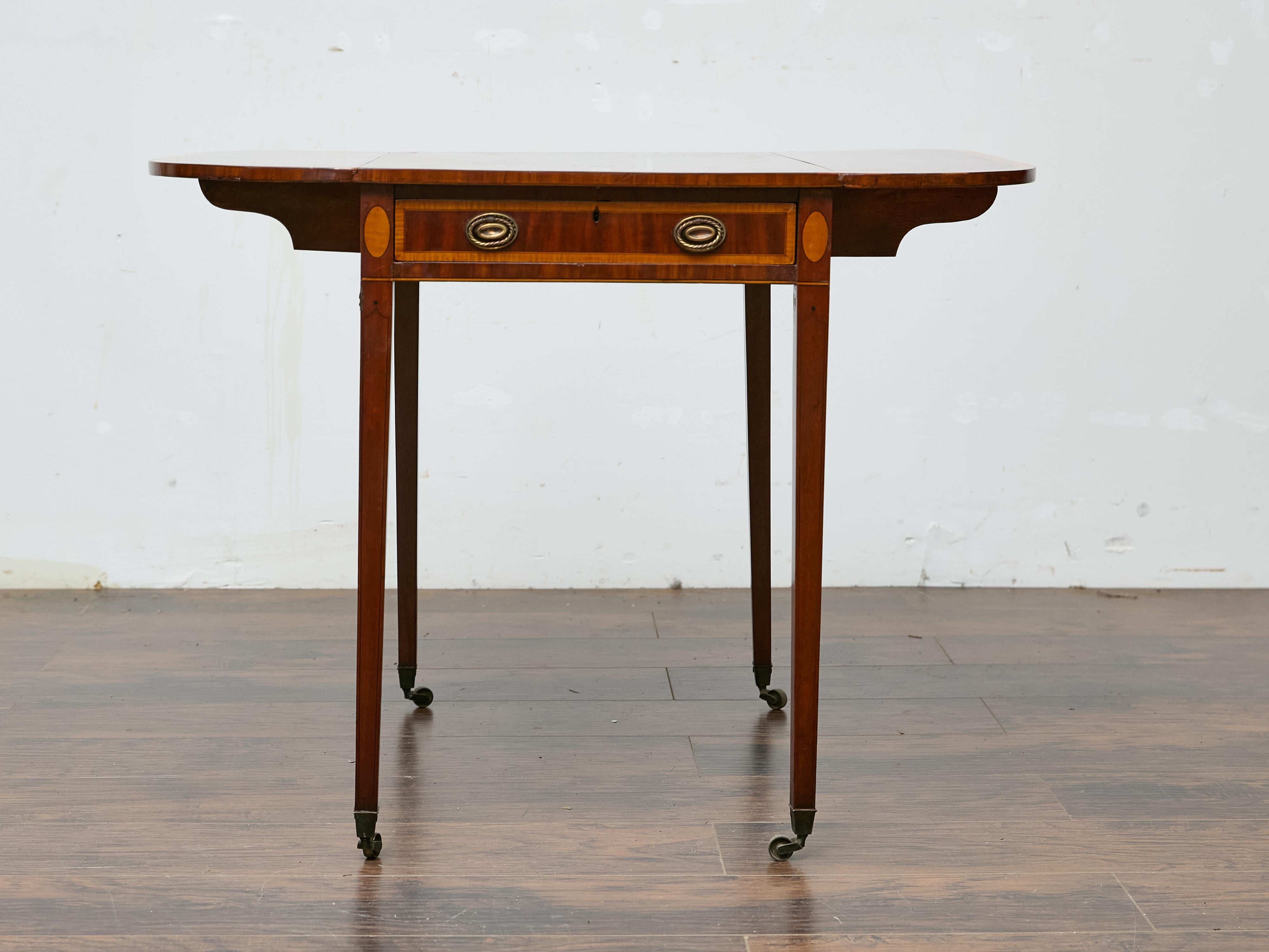 Brass Regency Mahogany Pembroke Table with Satinwood Inlay and Casters For Sale