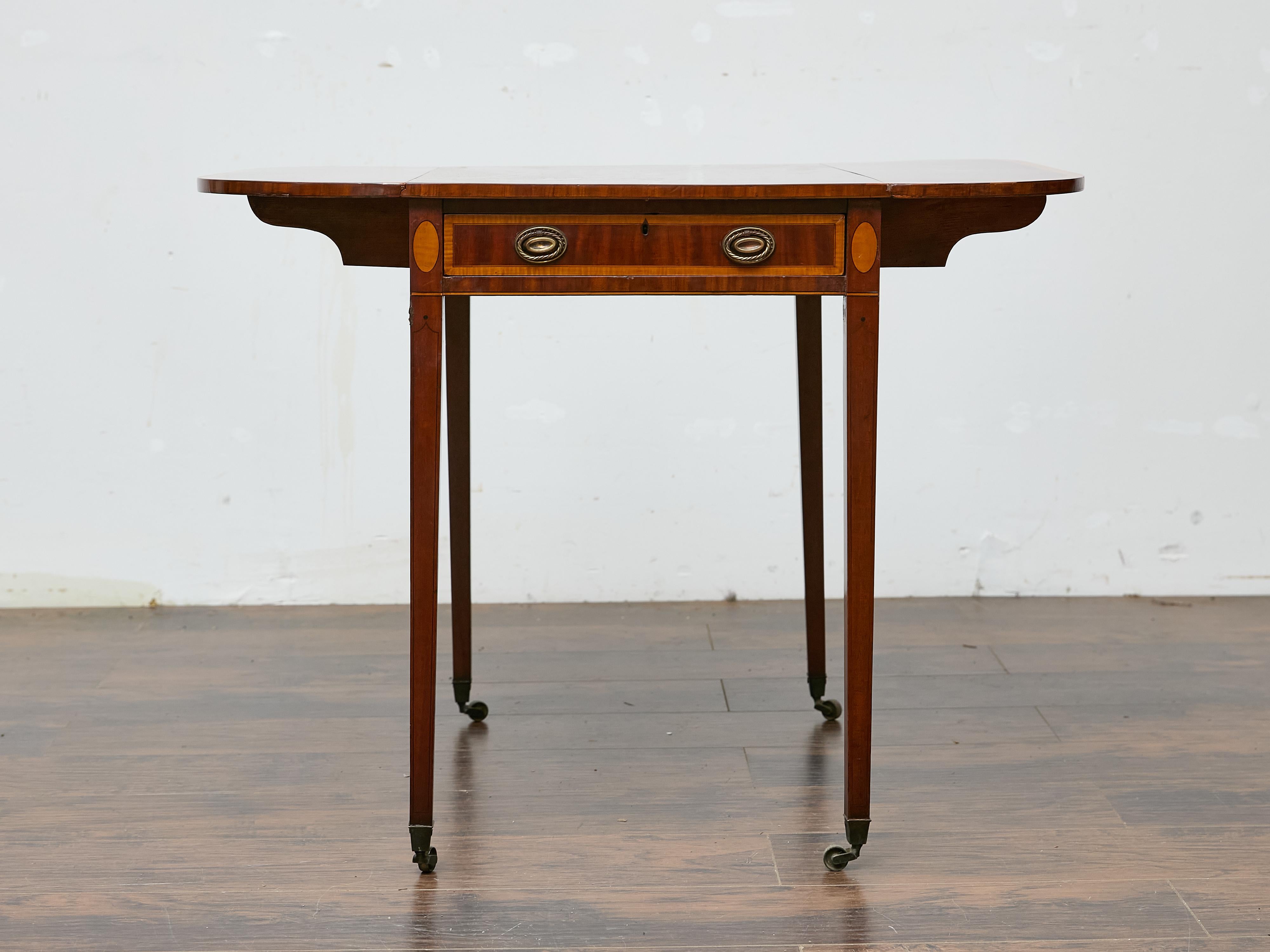 Regency Mahogany Pembroke Table with Satinwood Inlay and Casters For Sale 1