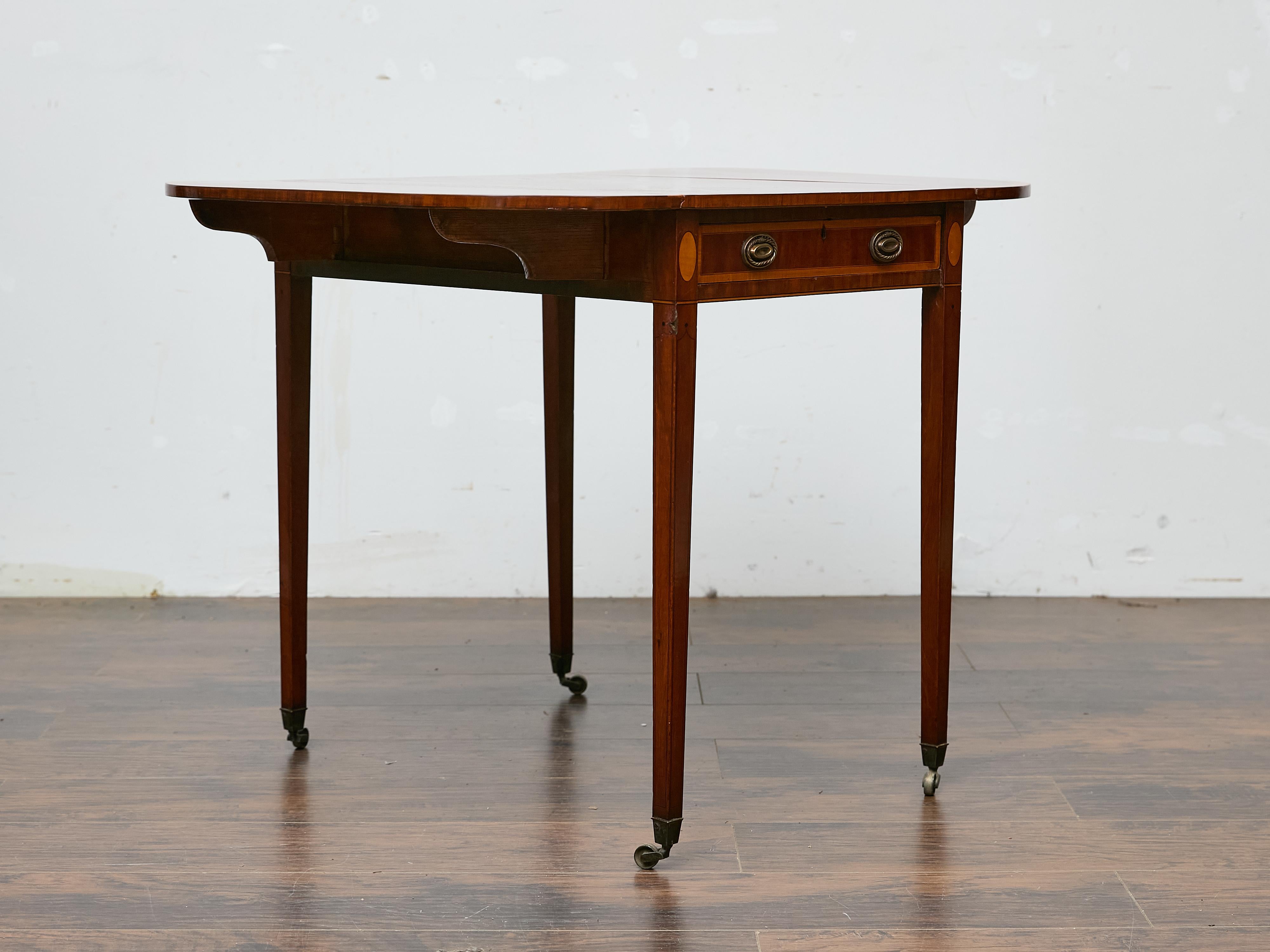 Regency Mahogany Pembroke Table with Satinwood Inlay and Casters For Sale 2