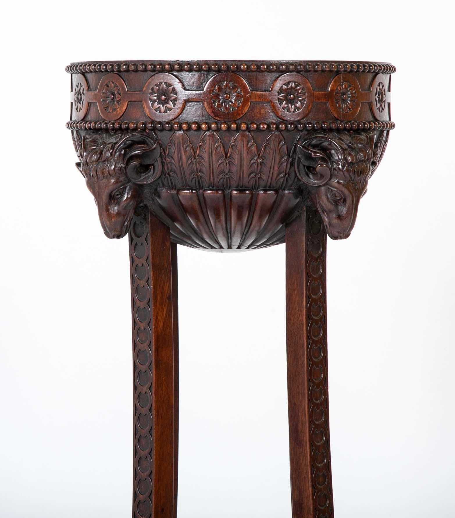 Hand-Carved Regency Mahogany Rams Head Plant Stand With Hoof Feet