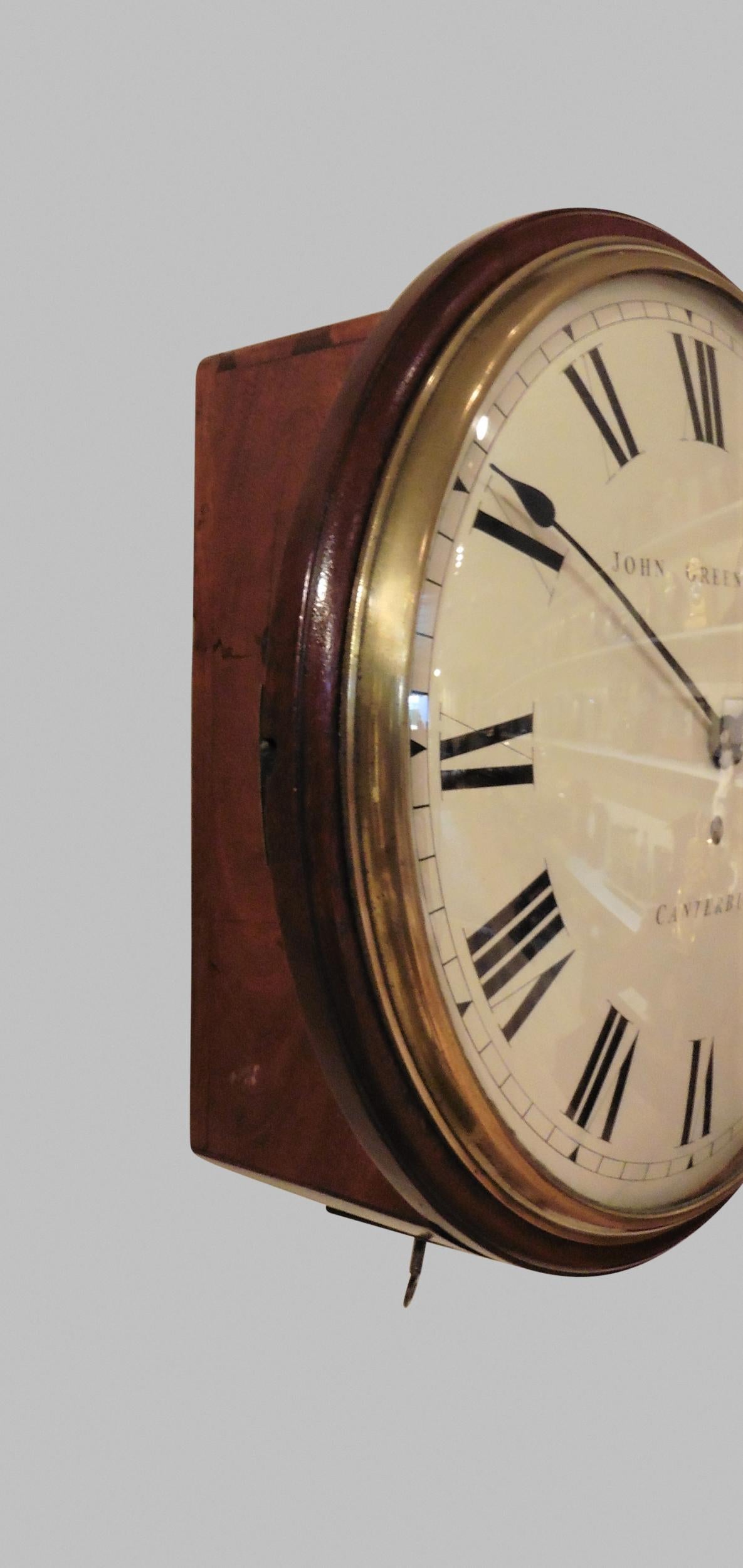 English round dial wall clock by John Greenwood, Canterbury



Round dial wall clock with slim mahogany surround. 

Heavy cast brass bezel opening to a painted dial with Roman numerals and original finely cut ‘blued’ steel spade hands signed ‘John