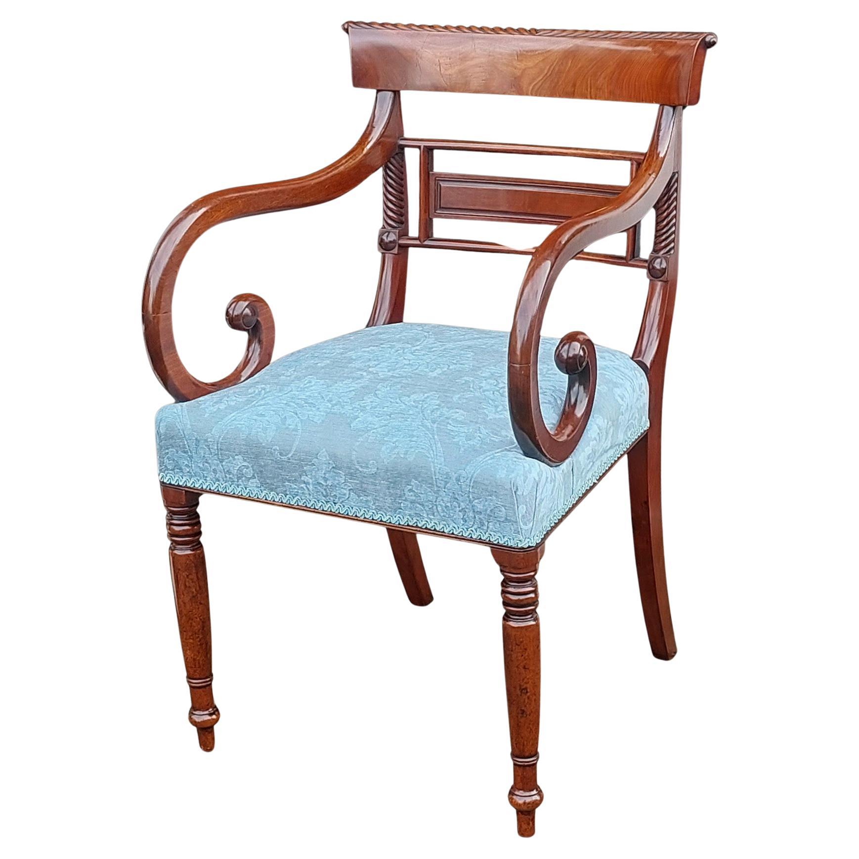 Regency Mahogany Scroll Armed Chair For Sale
