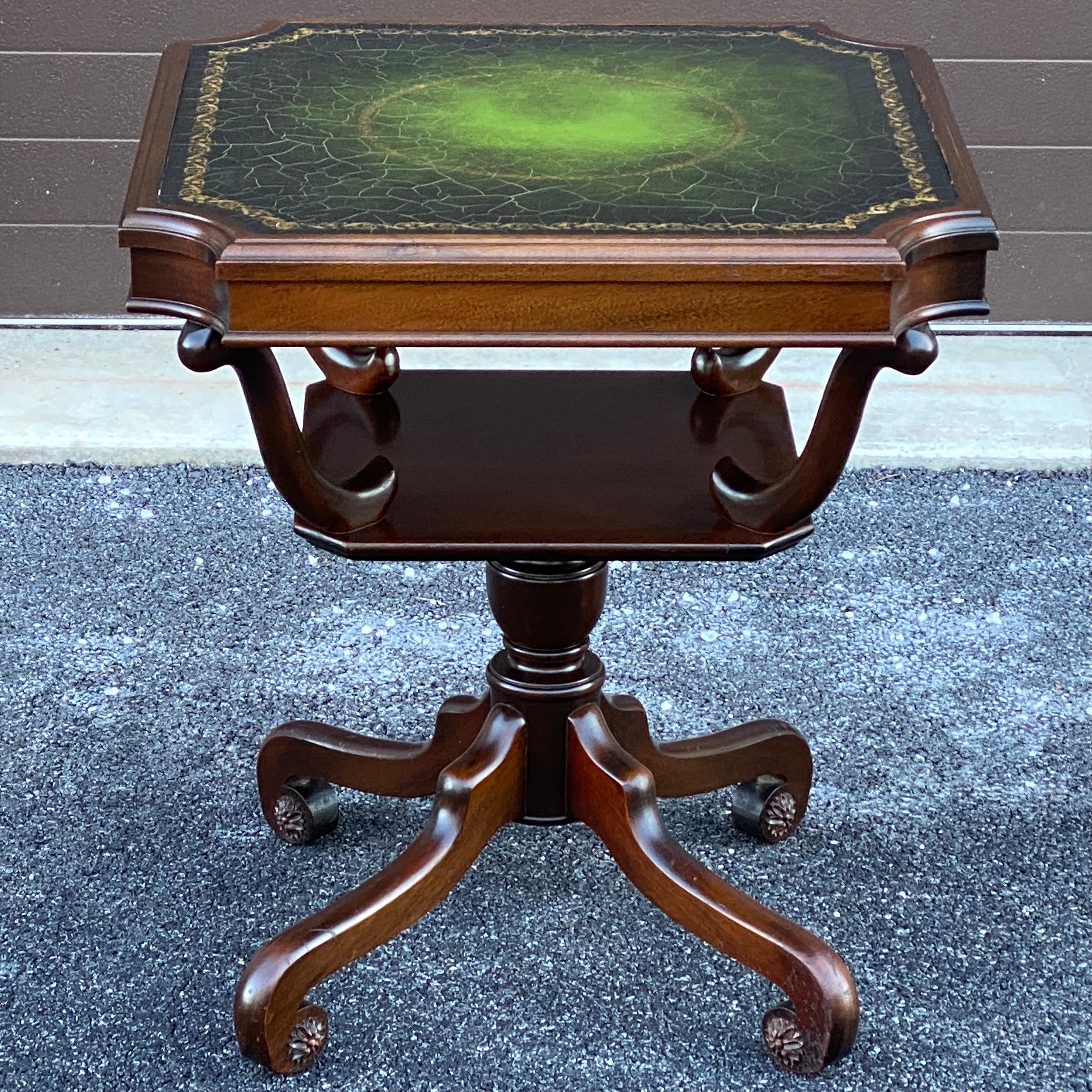 20th Century Regency Mahogany Scroll Foot Center Table With Tooled Green Leather Top For Sale