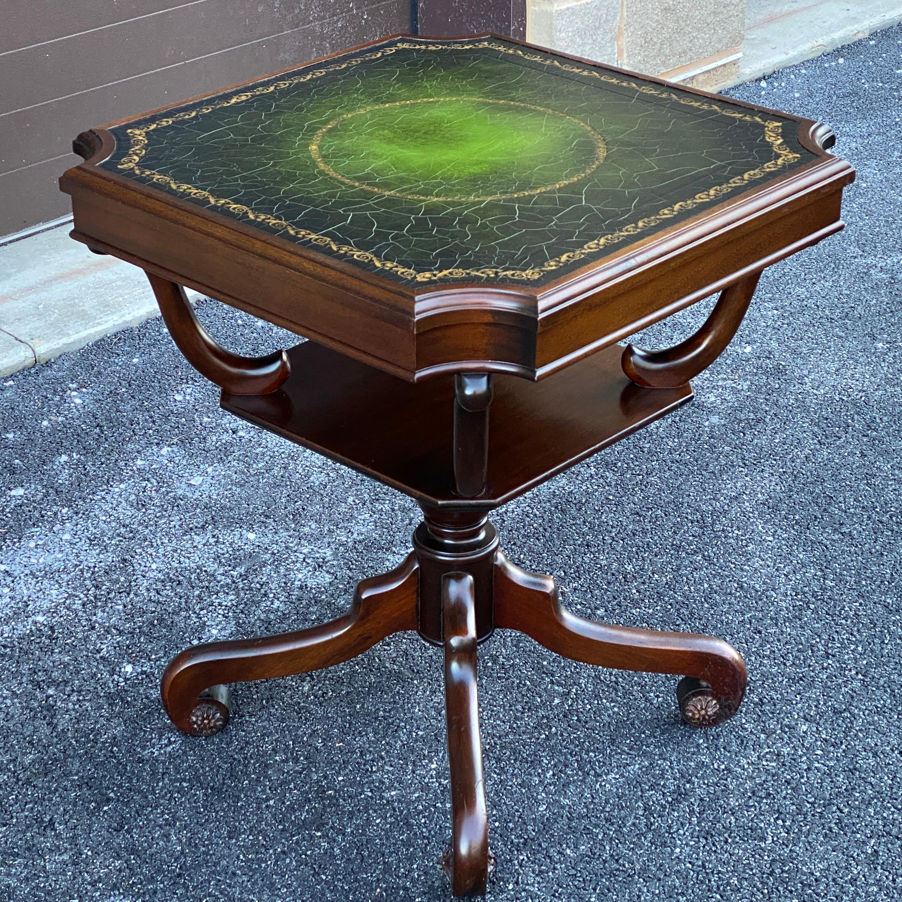 Regency Mahogany Scroll Foot Center Table With Tooled Green Leather Top For Sale 1