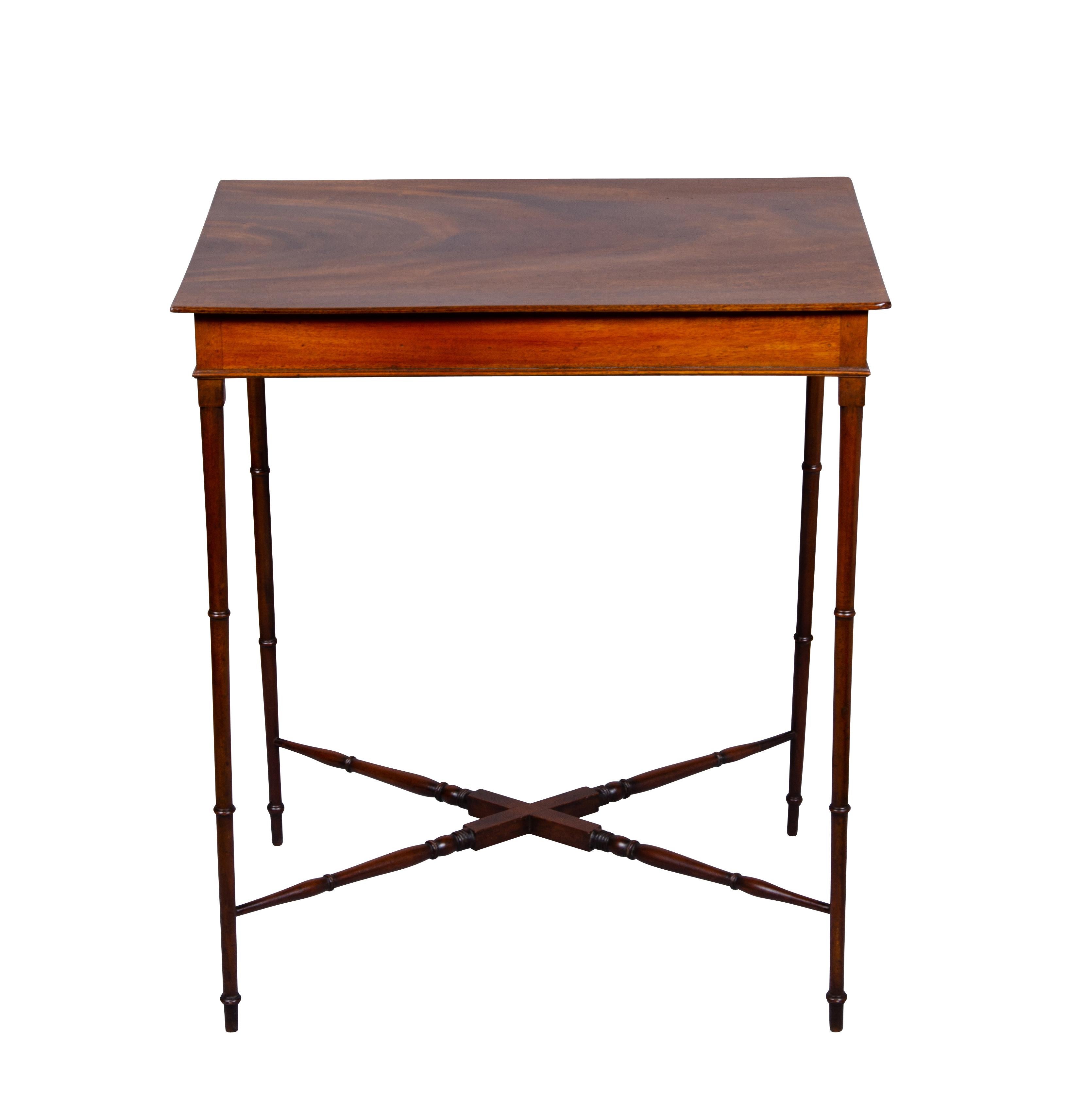 A cute delicate but sturdy table all nicely French polished.
Rectangular top with bamboo turned legs and turned X form stretchers.