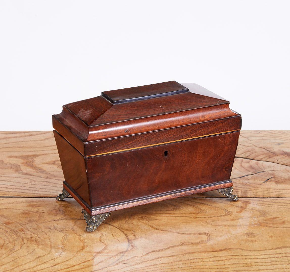 Fine English Regency mahogany caddy with canted sides and shaped hinged top with ebony stringing and original brass paw feet. Good color and patina.
