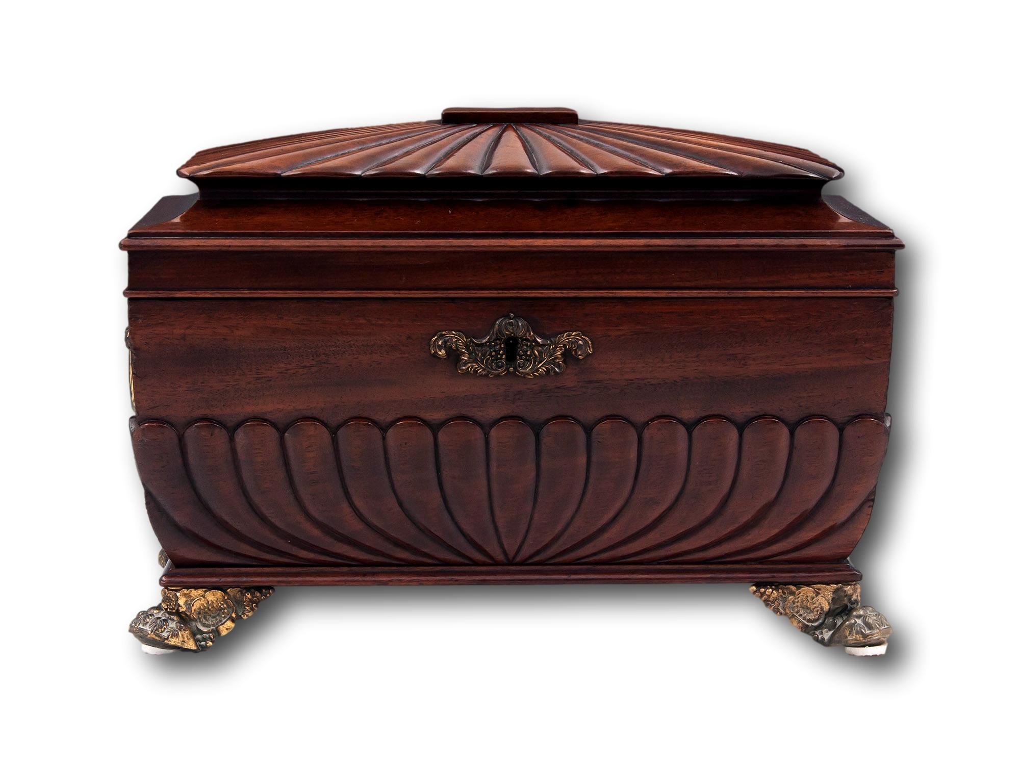 With Twin Caddies & Hand Cut Glass Sugar Bowl

From our Tea Caddy collection, we are delighted to offer this rare Regency Cuban Mahogany Tea Chest by Robert Wright. The Tea Chest of sarcophagus shape with a pagoda top and subtle bombe-shaped body