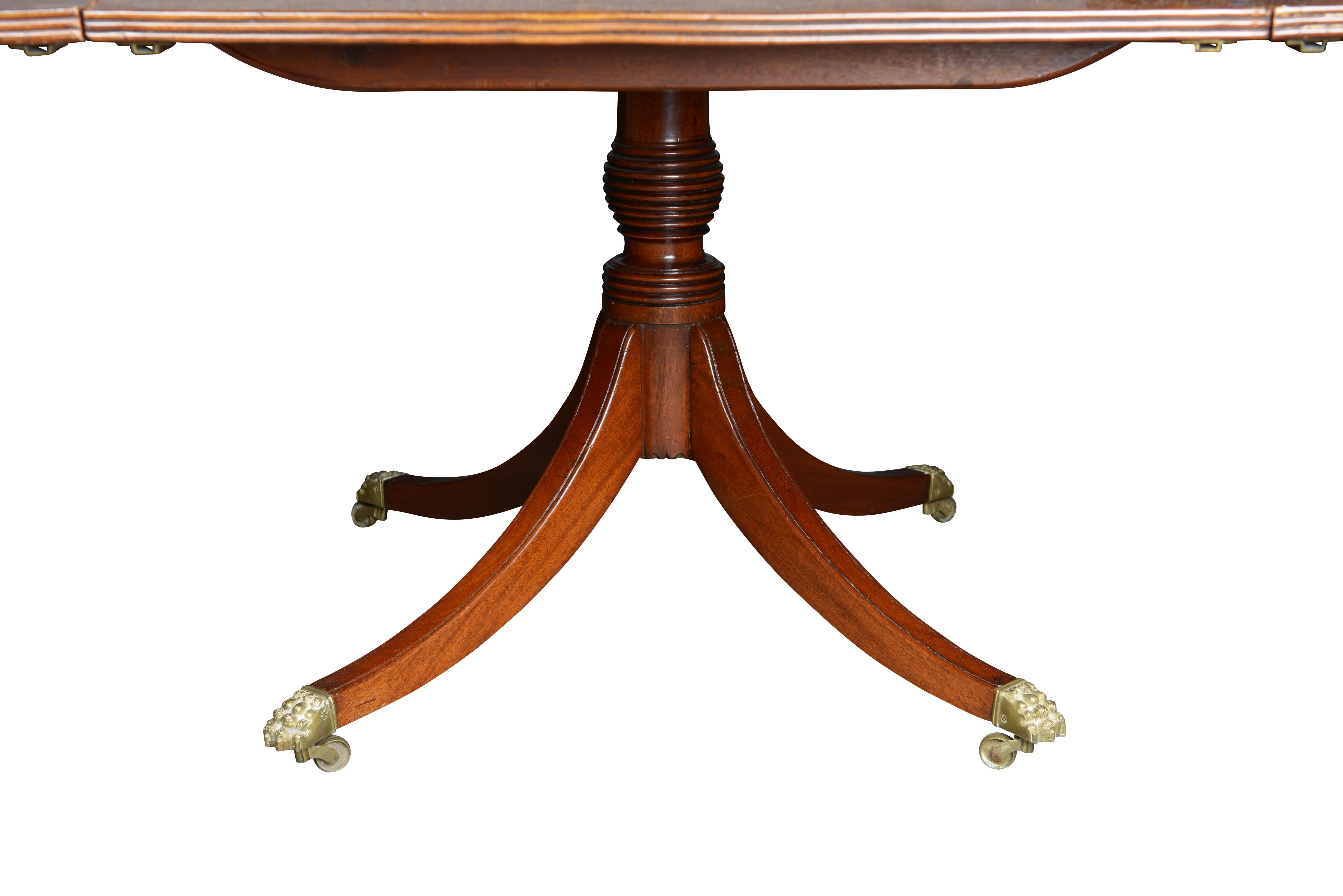 Brass Regency Mahogany Three-Pedestal Dining Table For Sale