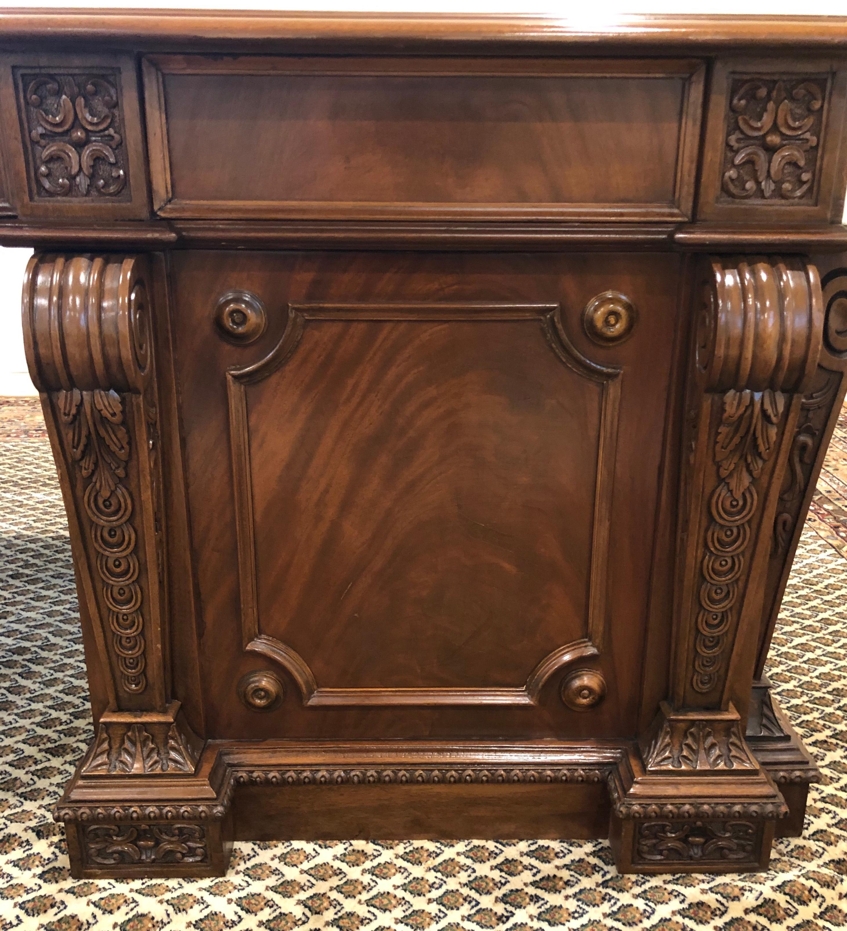 Regency Mahogany Twin Pedestal Desk with Gold Tooled Leather Top 7