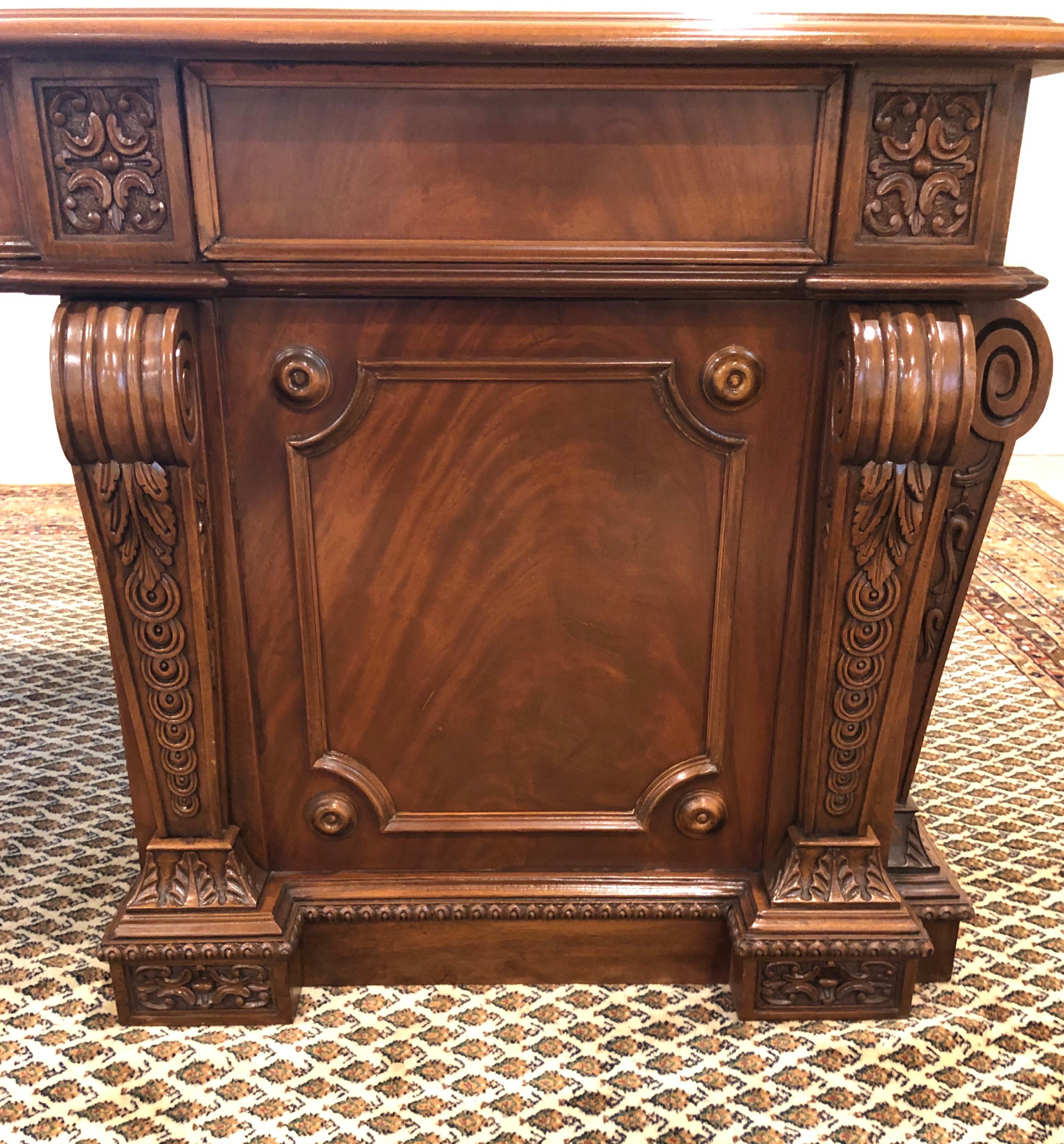 Hand-Carved Regency Mahogany Twin Pedestal Desk with Gold Tooled Leather Top