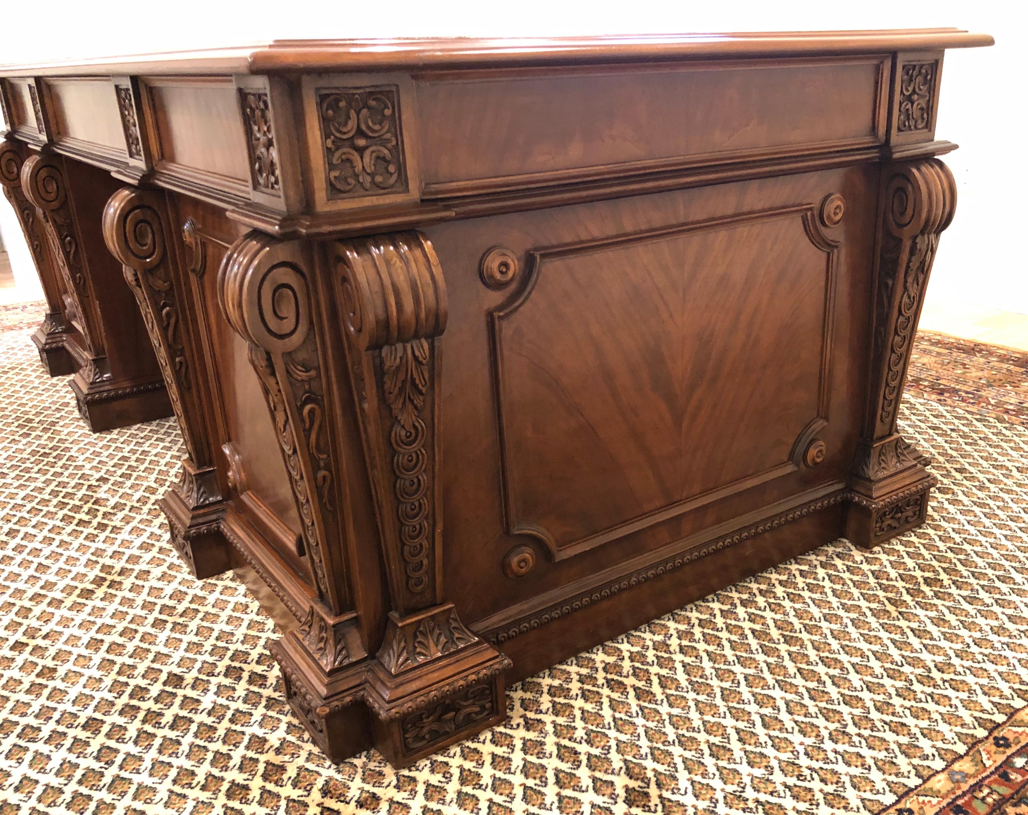 Late 20th Century Regency Mahogany Twin Pedestal Desk with Gold Tooled Leather Top