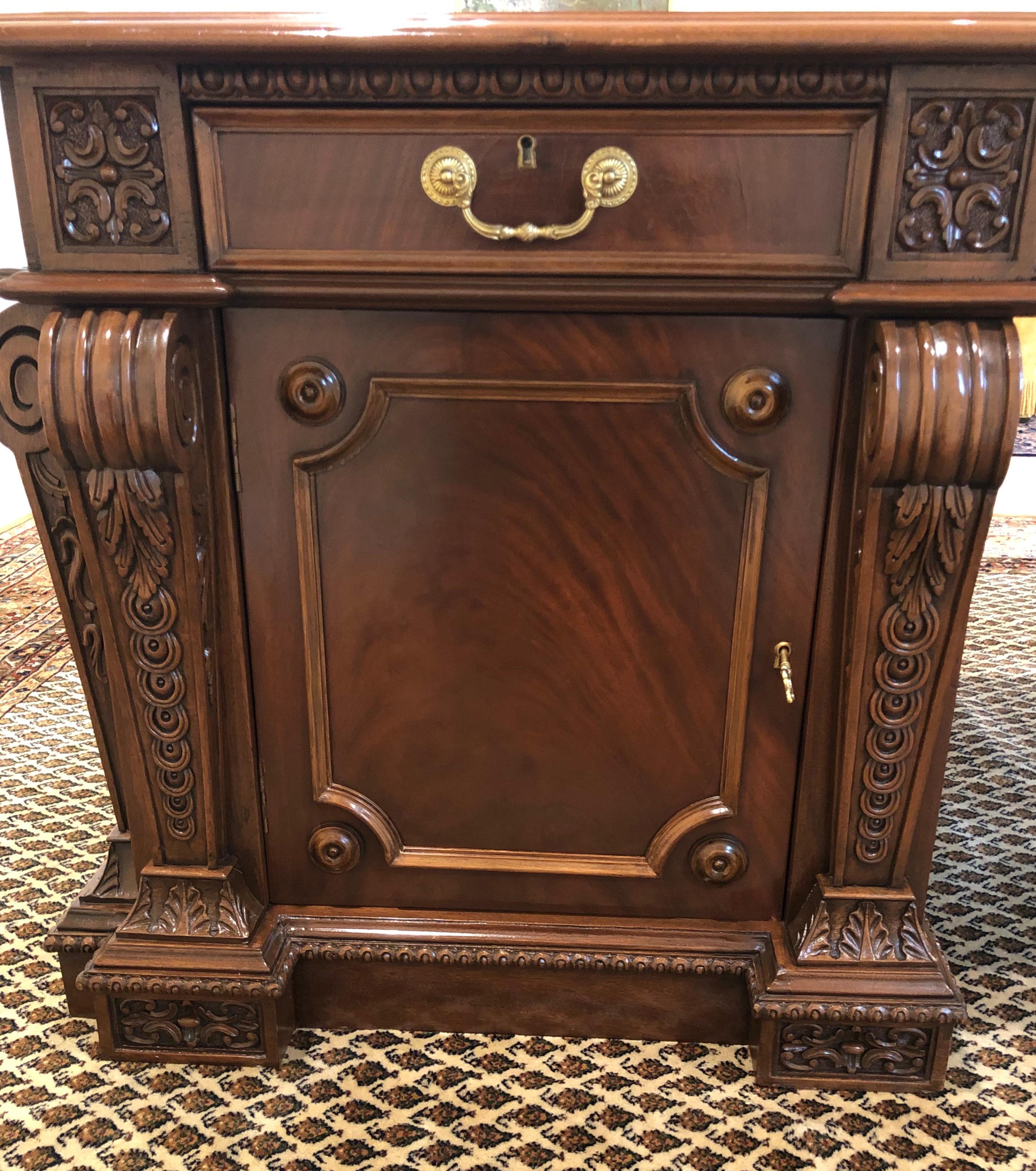 Regency Mahogany Twin Pedestal Desk with Gold Tooled Leather Top 1