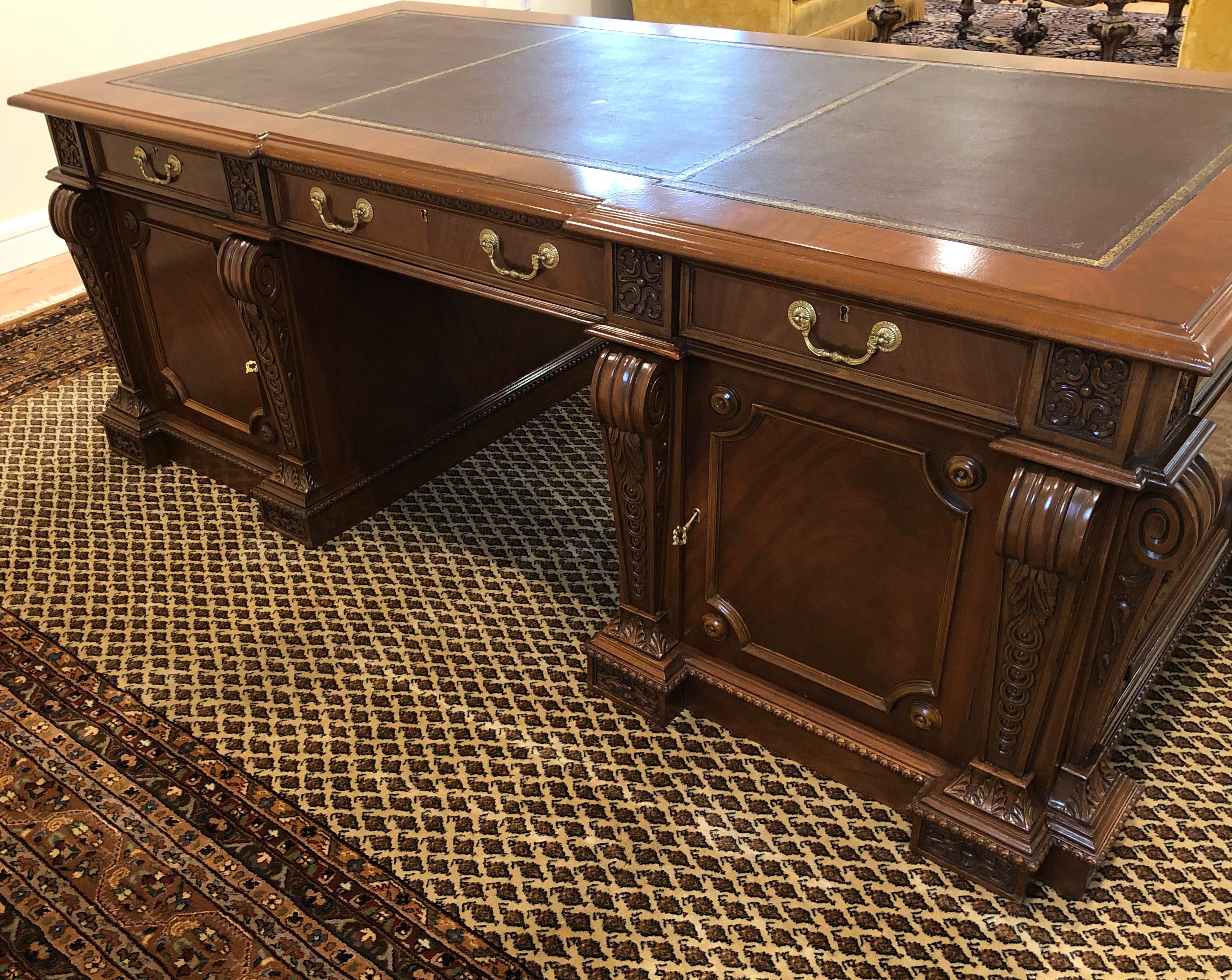 Regency Mahogany Twin Pedestal Desk with Gold Tooled Leather Top 3