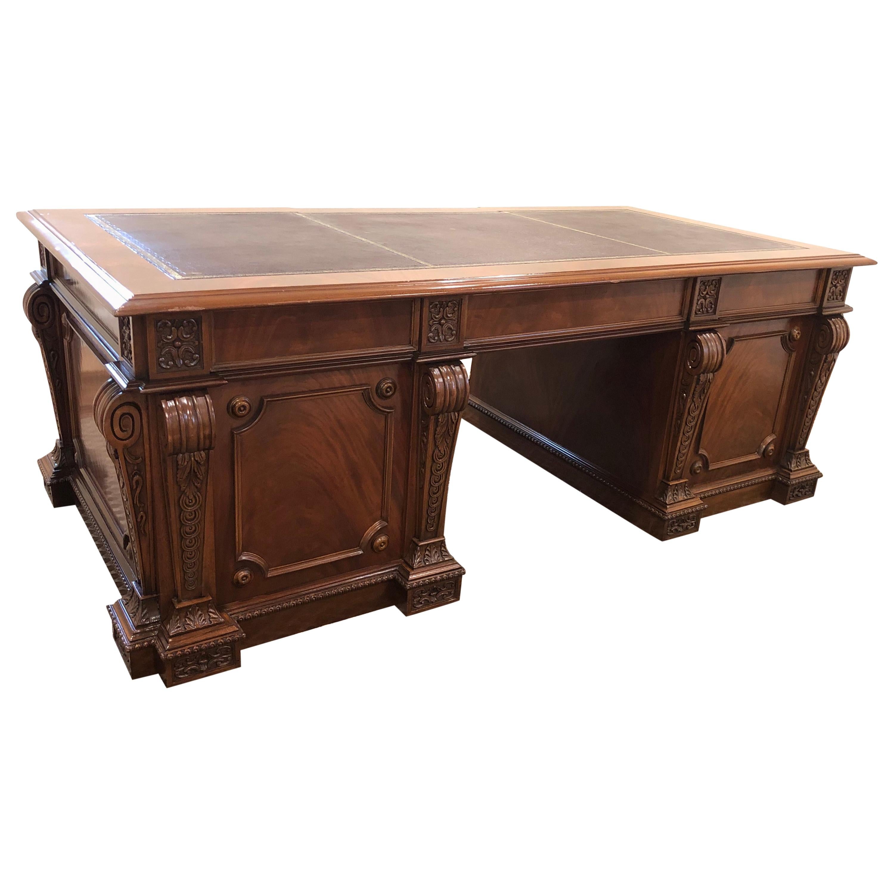 Regency Mahogany Twin Pedestal Desk with Gold Tooled Leather Top