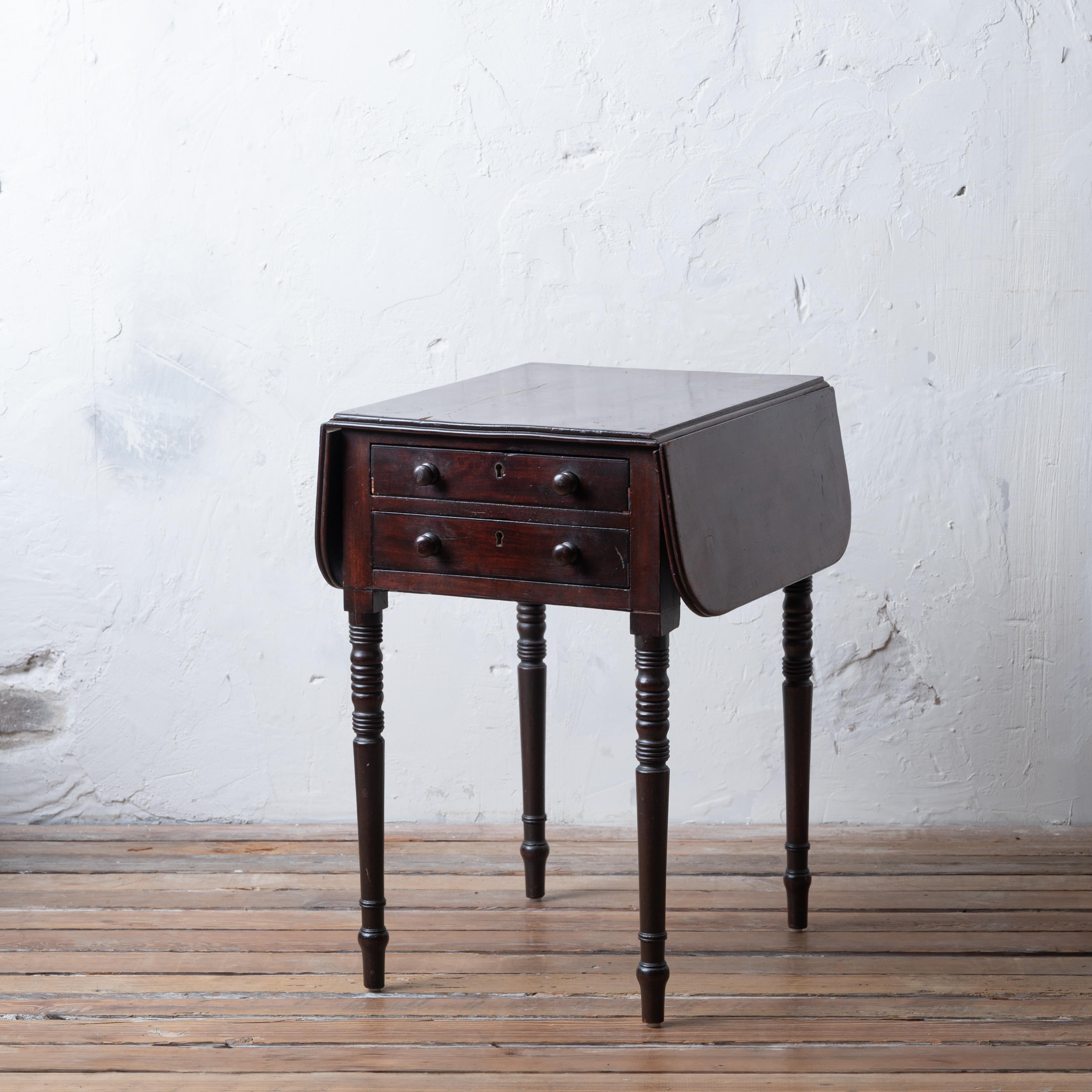 A Regency mahogany drop-leaf work table, circa 1820.  

Two drawers, with false drawers opposite.



16 inches wide by 20 inches deep by 25 ¾ inches tall; extended width 30 ½ inches





