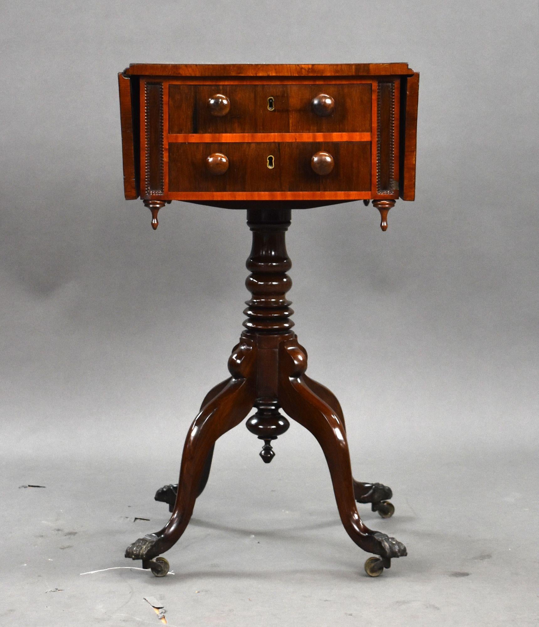 Regency Mahogany Work Table, circa 1820
A fine quality Regency period mahogany work table, featuring a rectangular top with drop-leaf sides above a pair of mahogany-lined drawers. The drawers retain their original turned knobs and contrasting inlaid