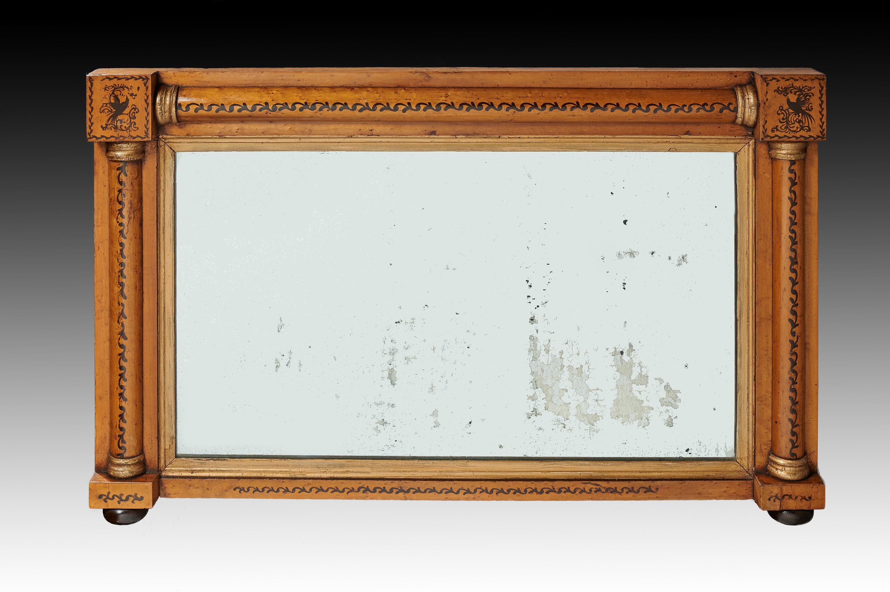 English Regency Maple and Gilt Overmantle Mirror Retaining Original Plate
