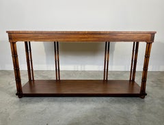 Regency Mid-Century Modern Baker Walnut Burl Faux Bamboo Console Table