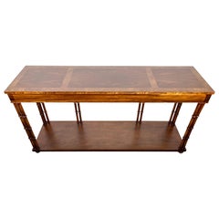 Regency Mid-Century Modern Baker Walnut Burl Faux Bamboo Console Table