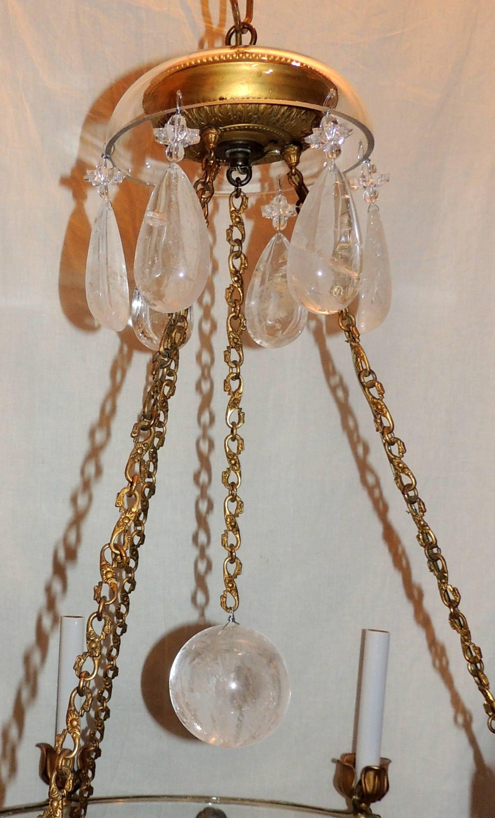 Regency Mid-Century Modern Rock Crystal Lucite Ormolu Bronze French Chandelier In Good Condition For Sale In Roslyn, NY