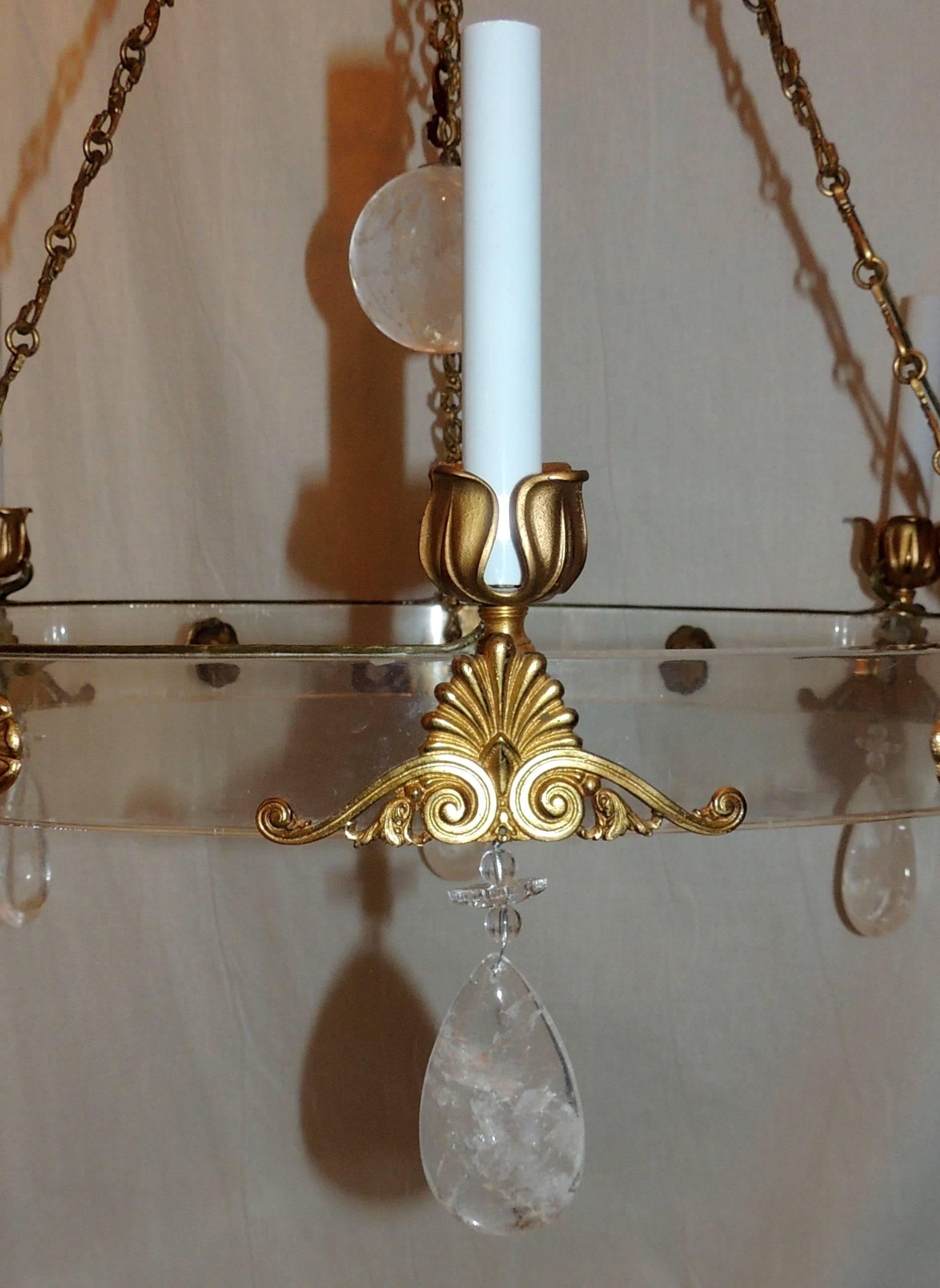 Regency Mid-Century Modern Rock Crystal Lucite Ormolu Bronze French Chandelier For Sale 3