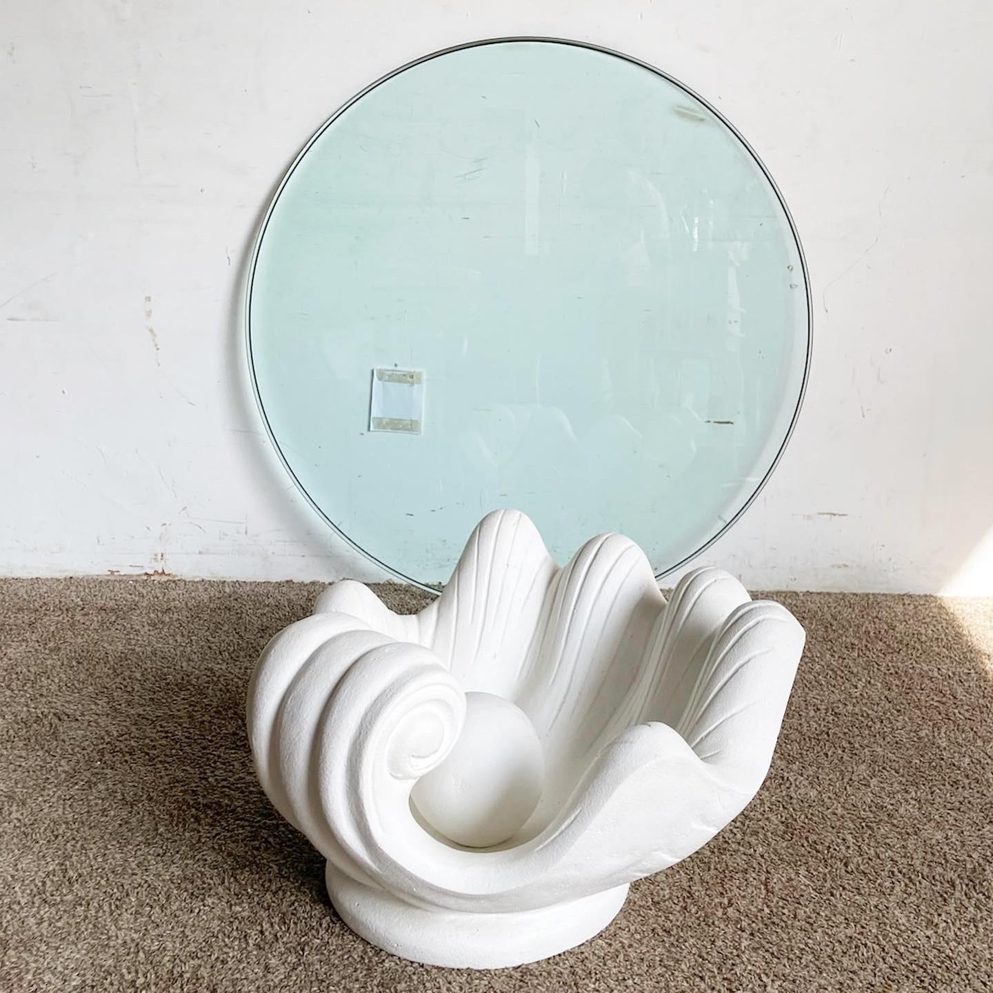 Table basse moderne Regency en plâtre blanc avec plateau en verre coquillage Clam 4