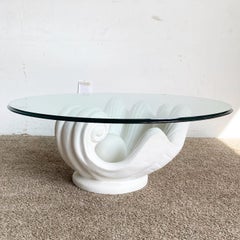 Regency Modern White Plaster Clam Shell Glass Top Coffee Table