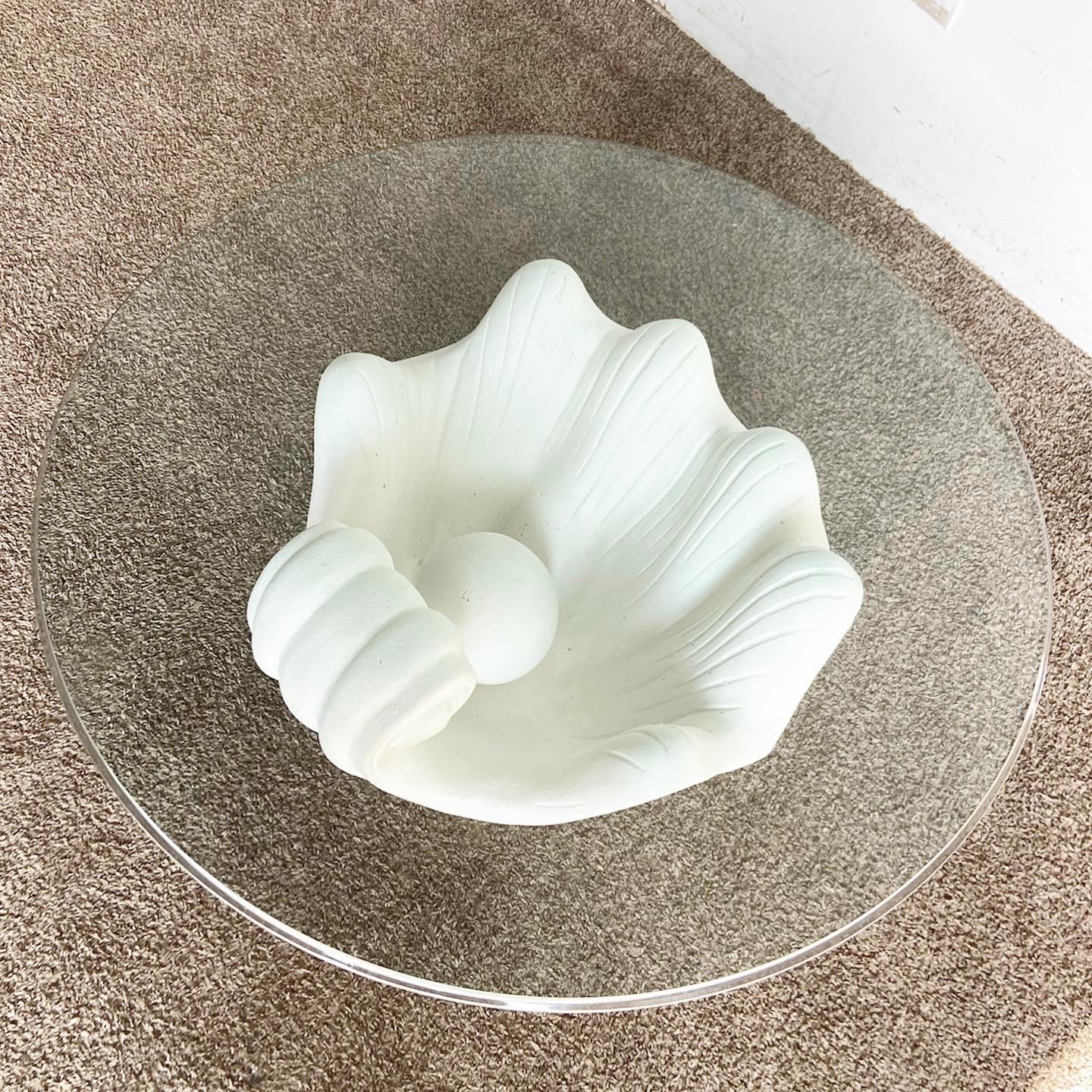 Regency Modern White Plaster Clam Shell Glass Top Coffee Table In Good Condition For Sale In Delray Beach, FL
