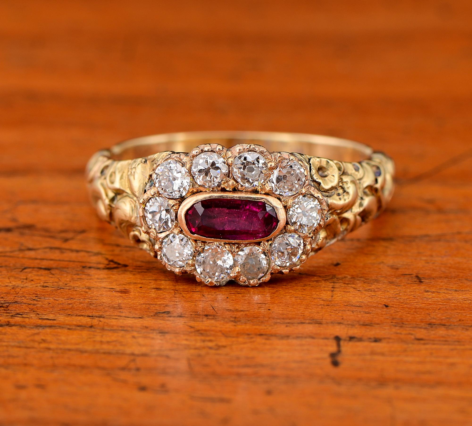 Memories Behind History
An antique 19th century Memorial Ruby and Diamond cluster ring
Exquisite work of art and unique example of the memento mori jewellery, 18 KT solid gold
Designed with an horizontal cluster of Ruby and Diamond centering the