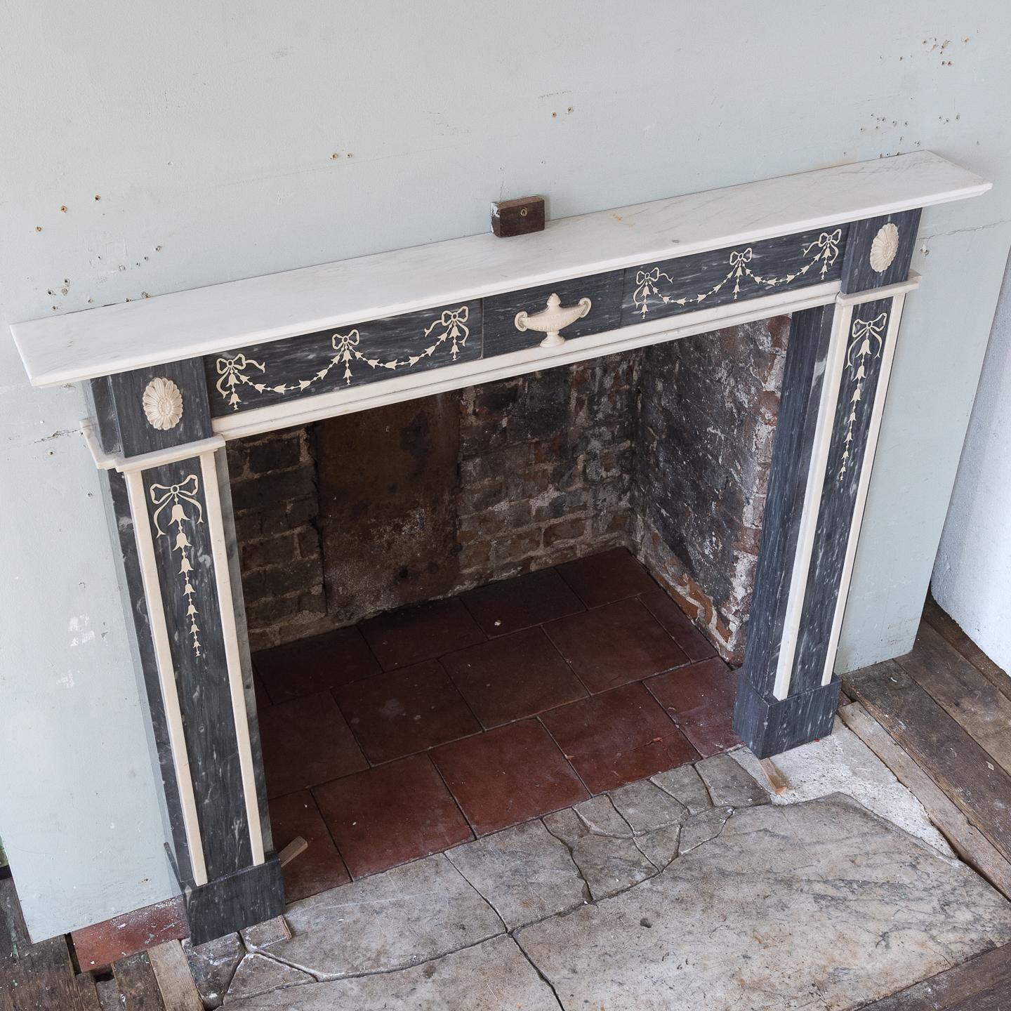 Regency Neoclassical Inlaid Dove Grey and Statuary Marble Fireplace For Sale 9