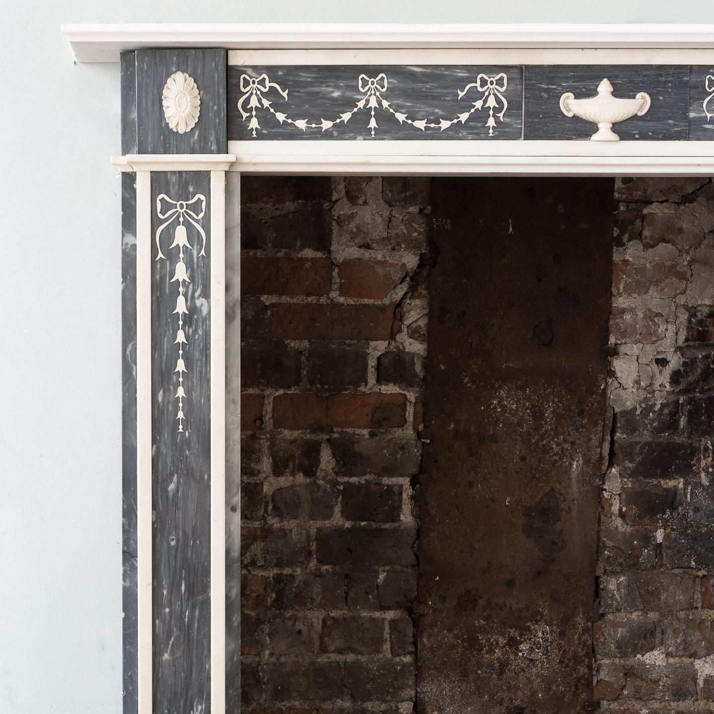 Regency Neoclassical Inlaid Dove Grey and Statuary Marble Fireplace For Sale 2