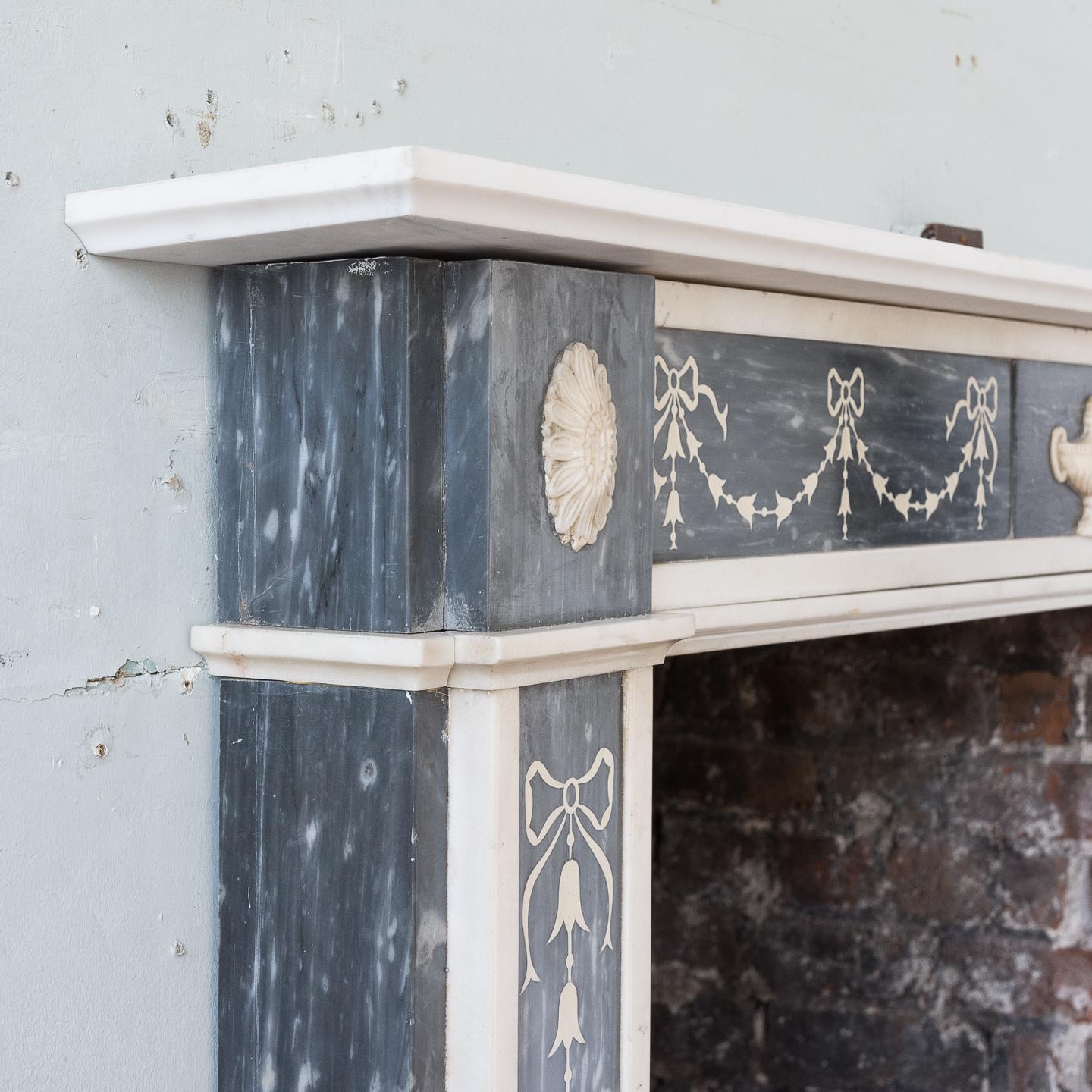 European Regency Neoclassical Inlaid Dove Grey and Statuary Marble Fireplace For Sale