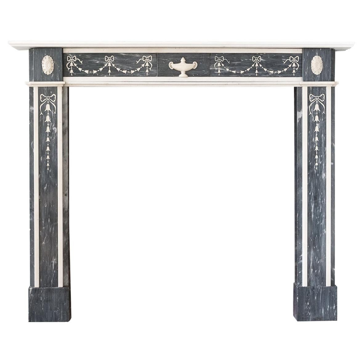 Regency Neoclassical Inlaid Dove Grey and Statuary Marble Fireplace For Sale