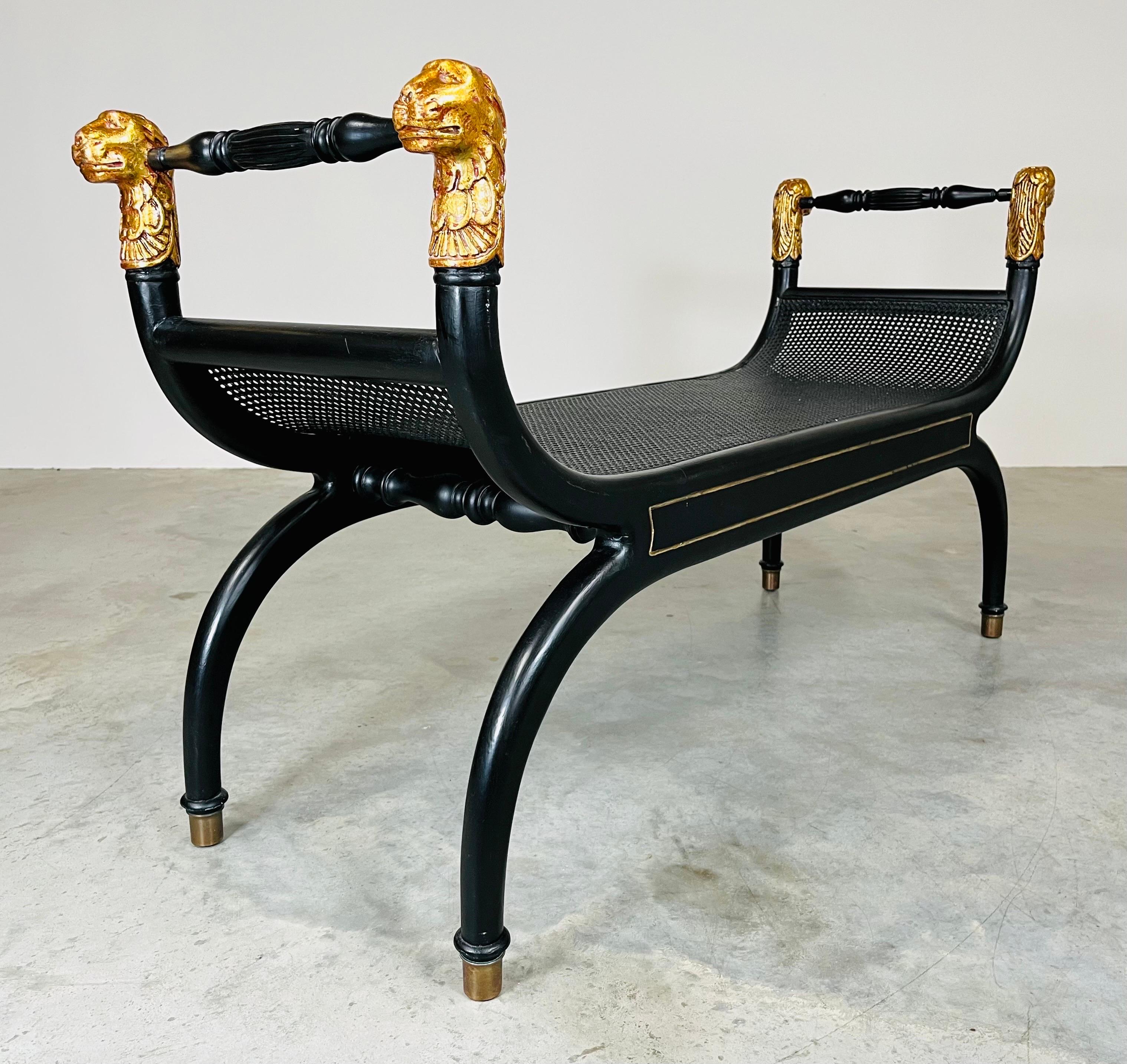 Regency Neoclassical Style Lion Head Curule X-Frame Cane Bench In Excellent Condition In Southampton, NJ