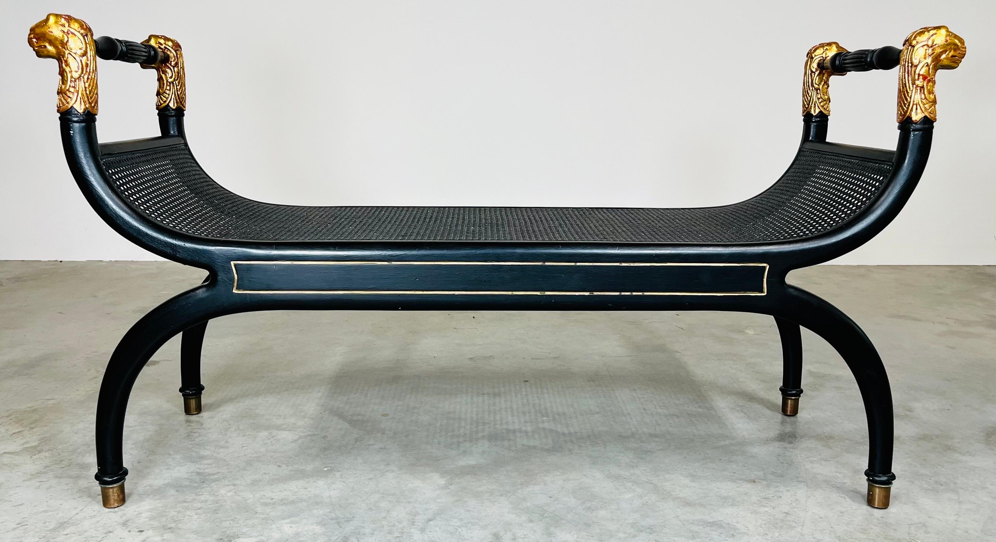 Regency Neoclassical Style Lion Head Curule X-Frame Cane Bench 2