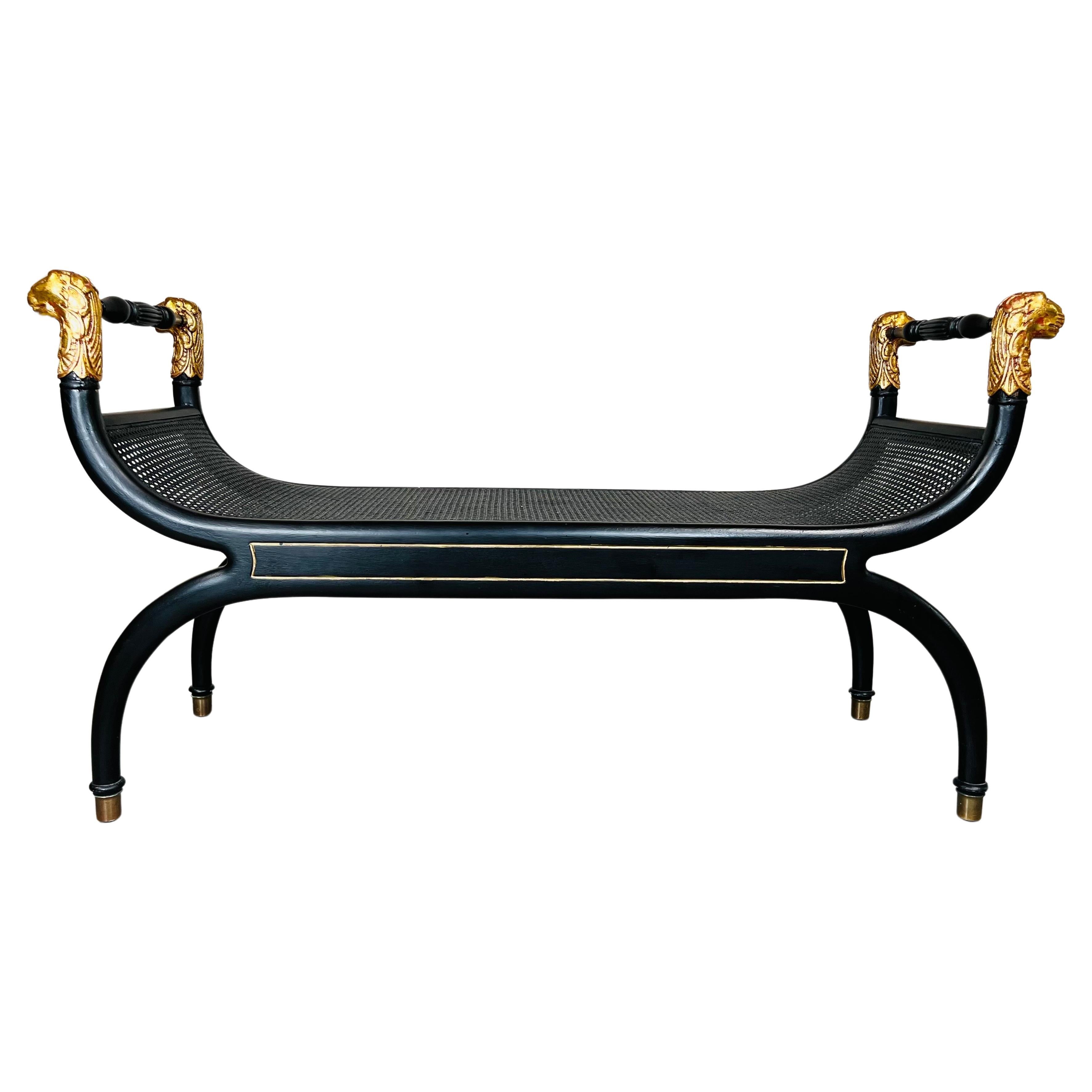 Regency Neoclassical Style Lion Head Curule X-Frame Cane Bench 