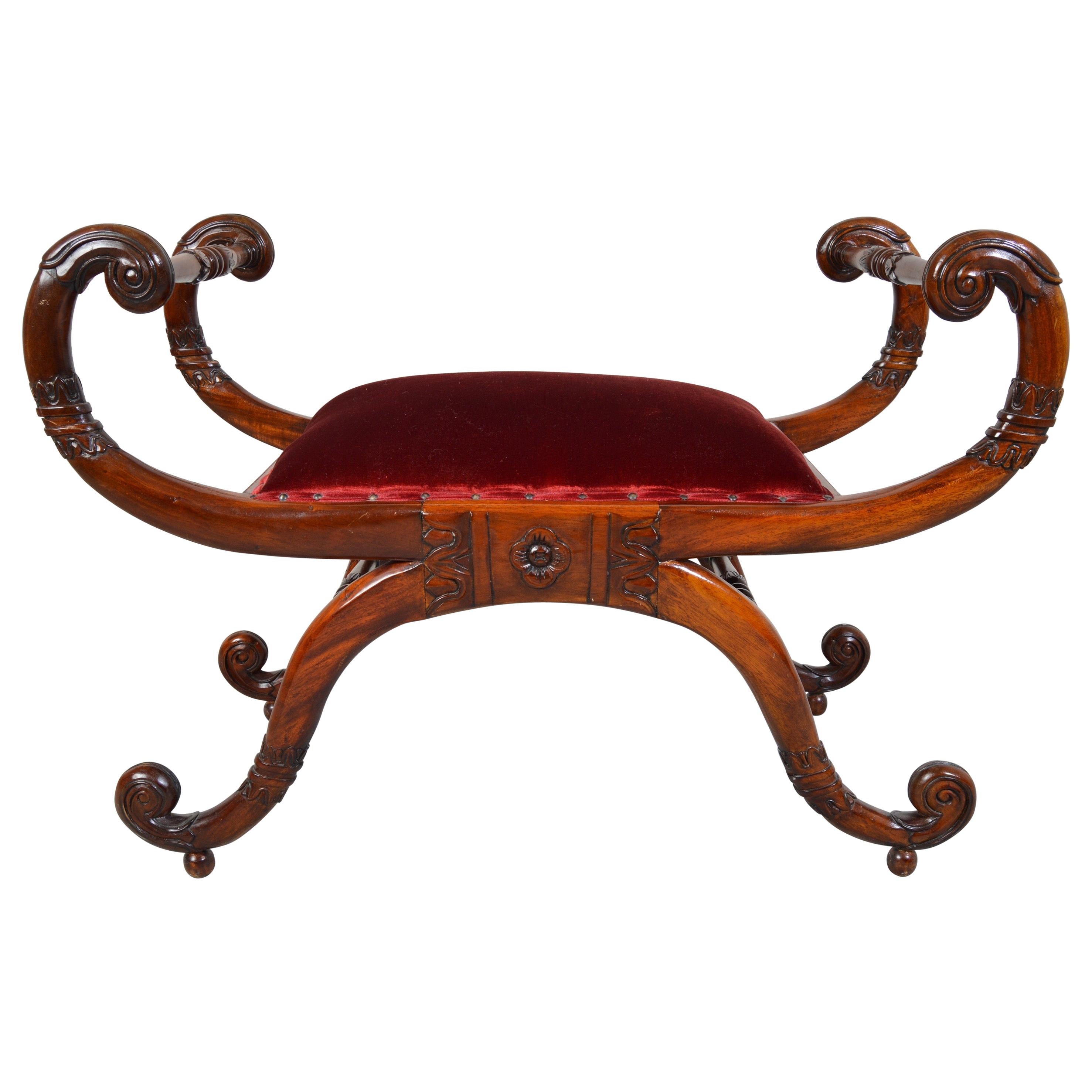 Regency Neoclassical Style Scrolled Arm Bench or Chair