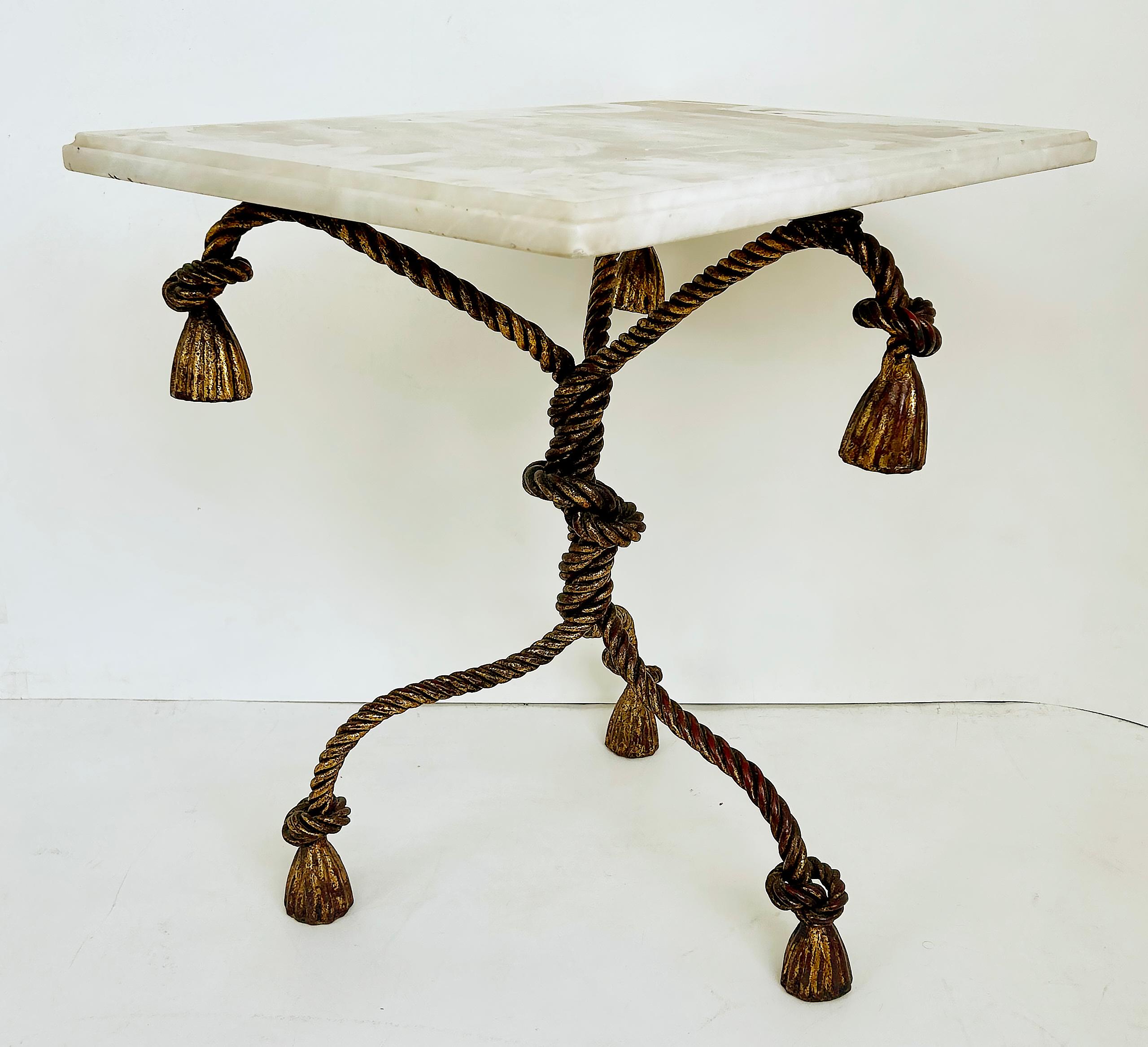 Hollywood Regency Regency Niccolini Gilt Iron Rope Tassel Marble Top Side Table, Italy For Sale