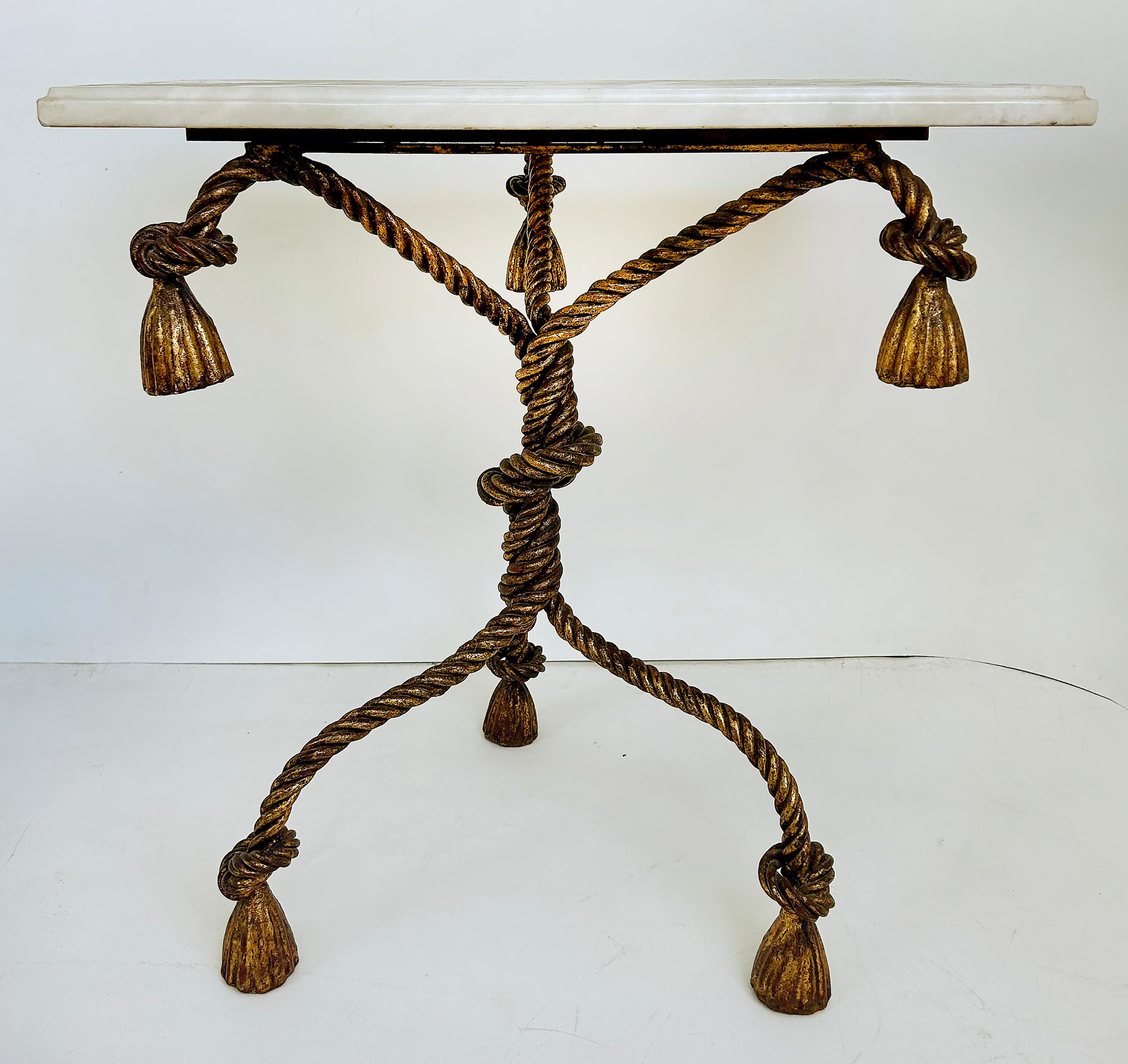 Italian Regency Niccolini Gilt Iron Rope Tassel Marble Top Side Table, Italy For Sale