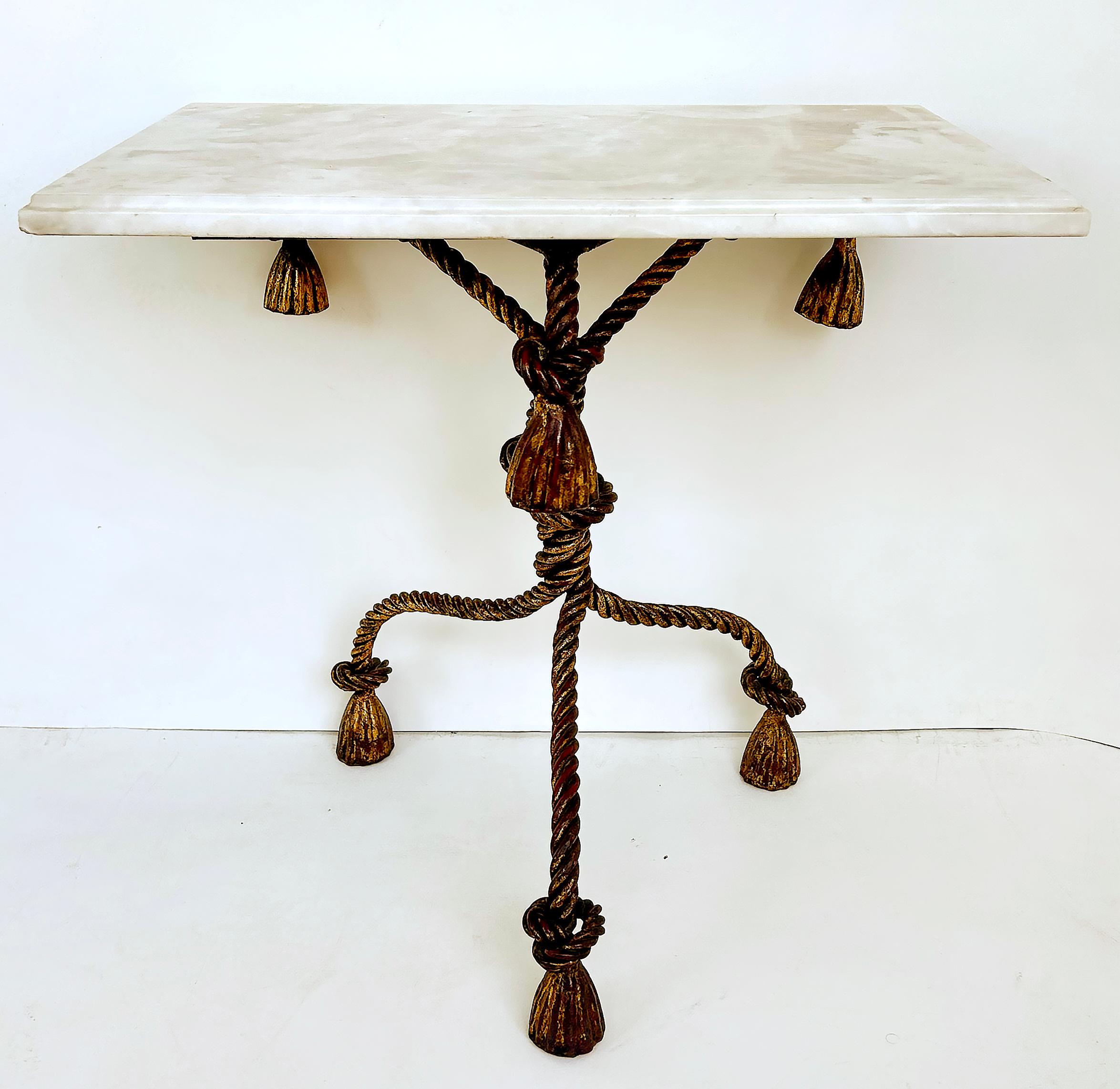 Regency Niccolini Gilt Iron Rope Tassel Marble Top Side Table, Italy In Good Condition For Sale In Miami, FL